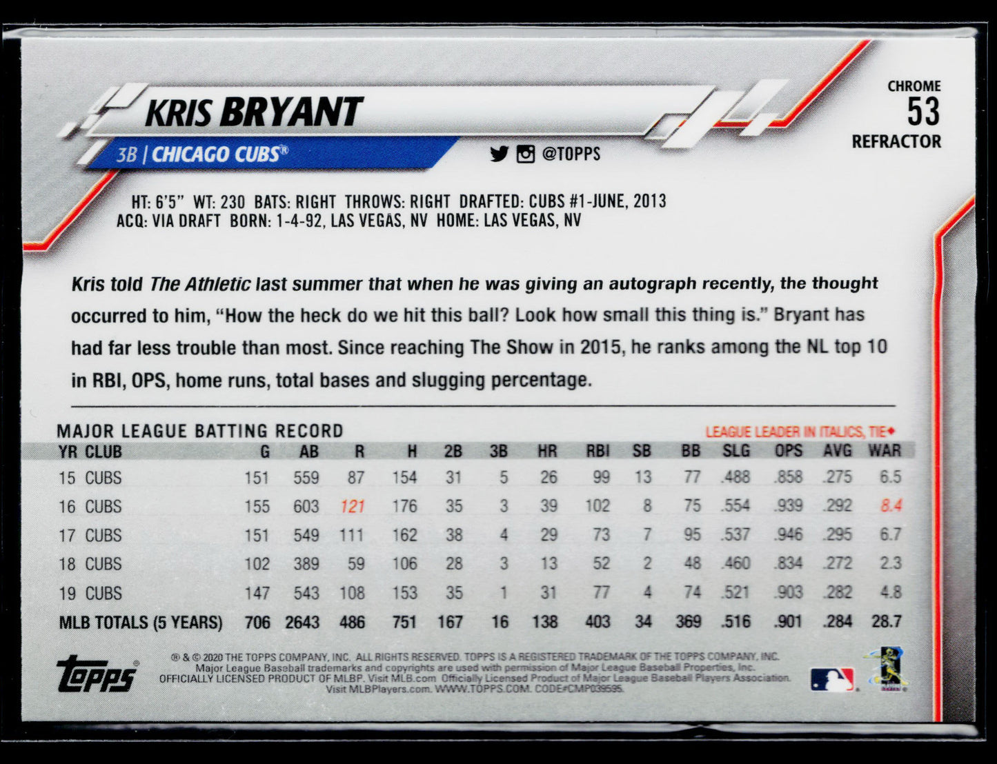 2020 Topps Chrome Kris Bryant Pink Refractor #53