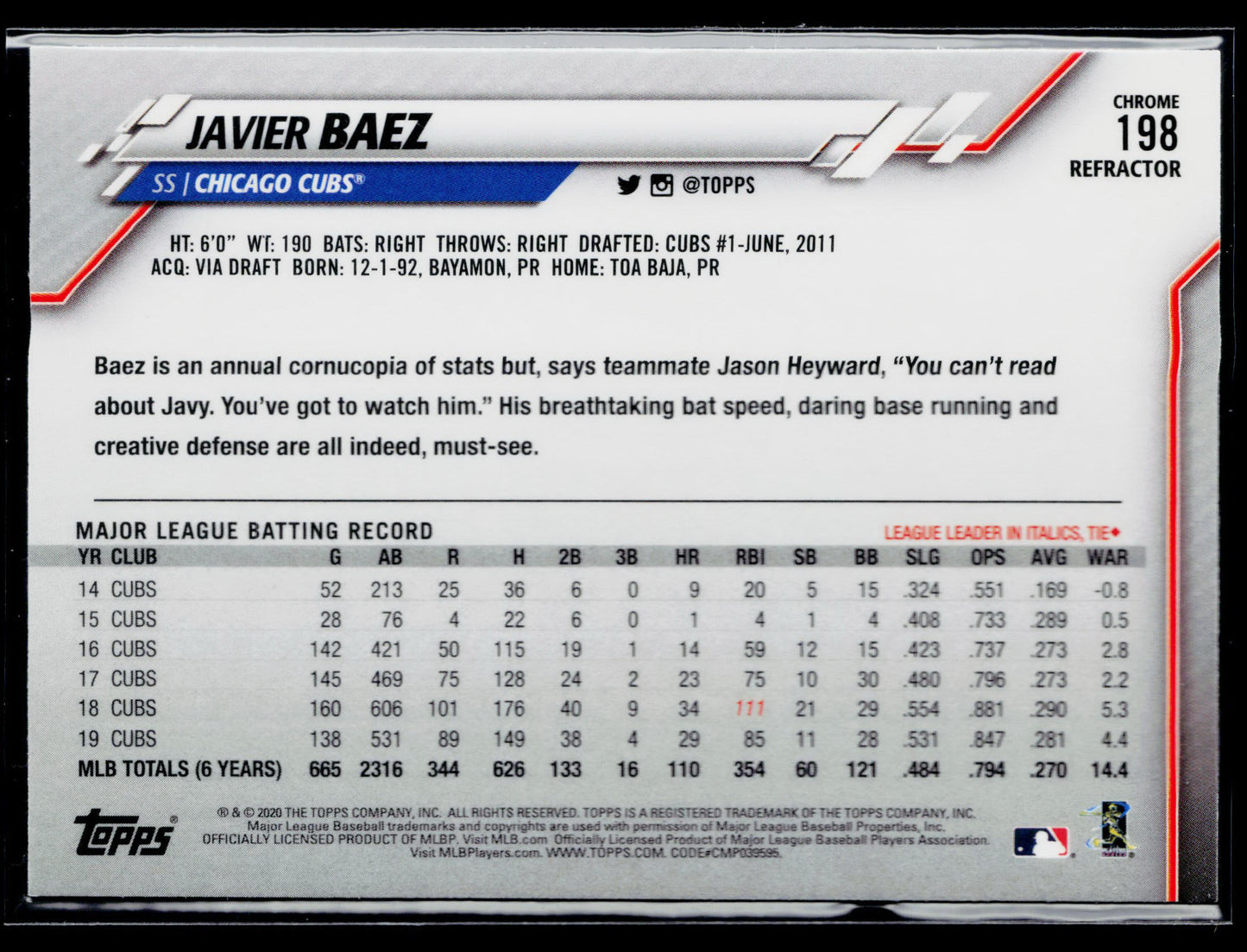 2020 Topps Chrome Javier Baez Refractor #198