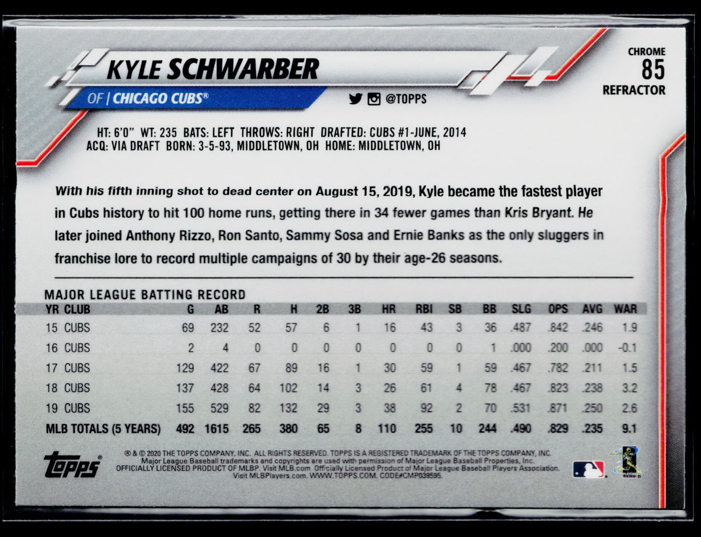 2020 Topps Chrome Kyle Schwarber Refractor #85