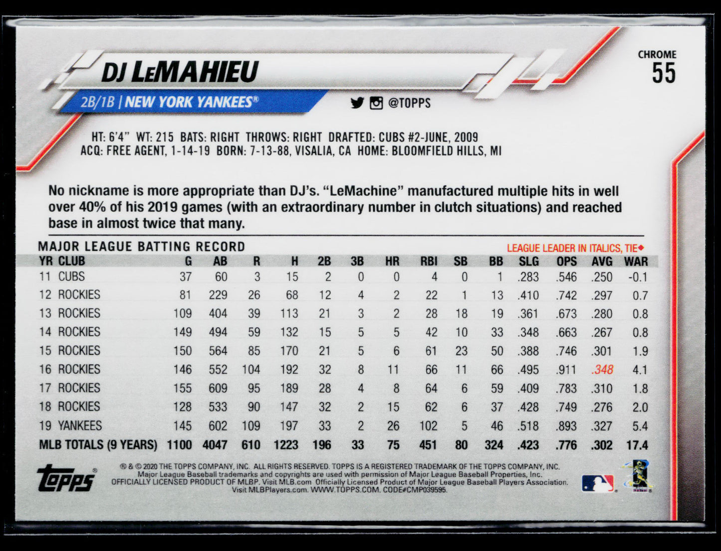 2020 Topps Chrome DJ LeMahieu Prism Refractor #55