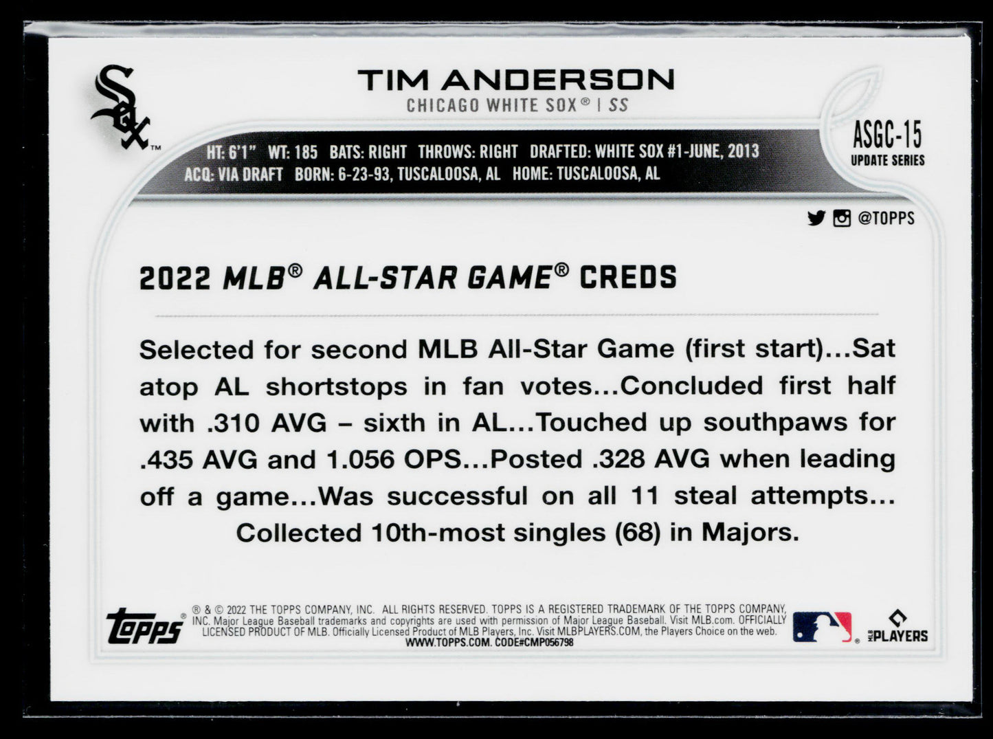 2022 Topps Chrome Update Tim Anderson 2022 All-Star Game Chrome #ASGC-15