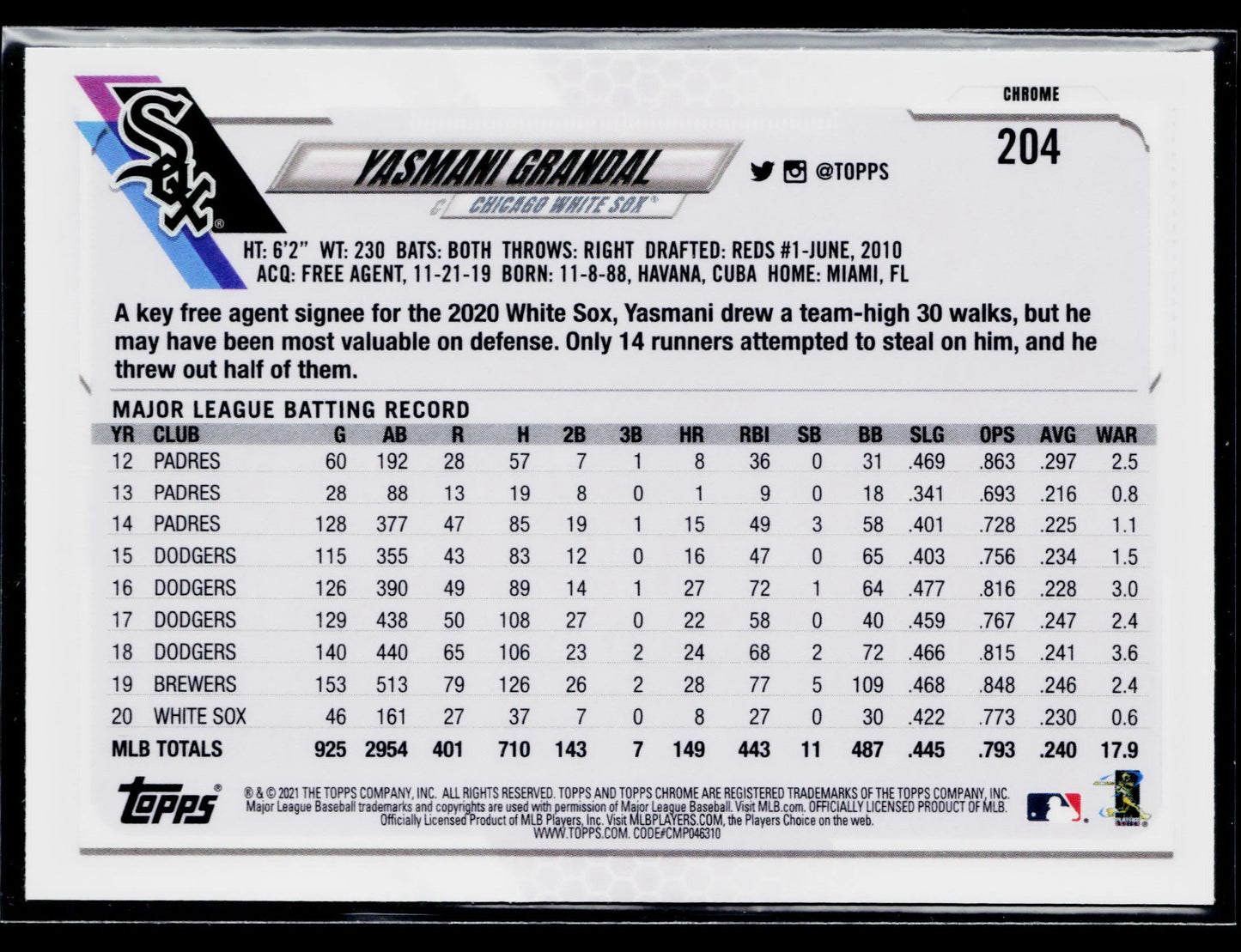 2021 Topps Chrome Yasmani Grandal Pink #204