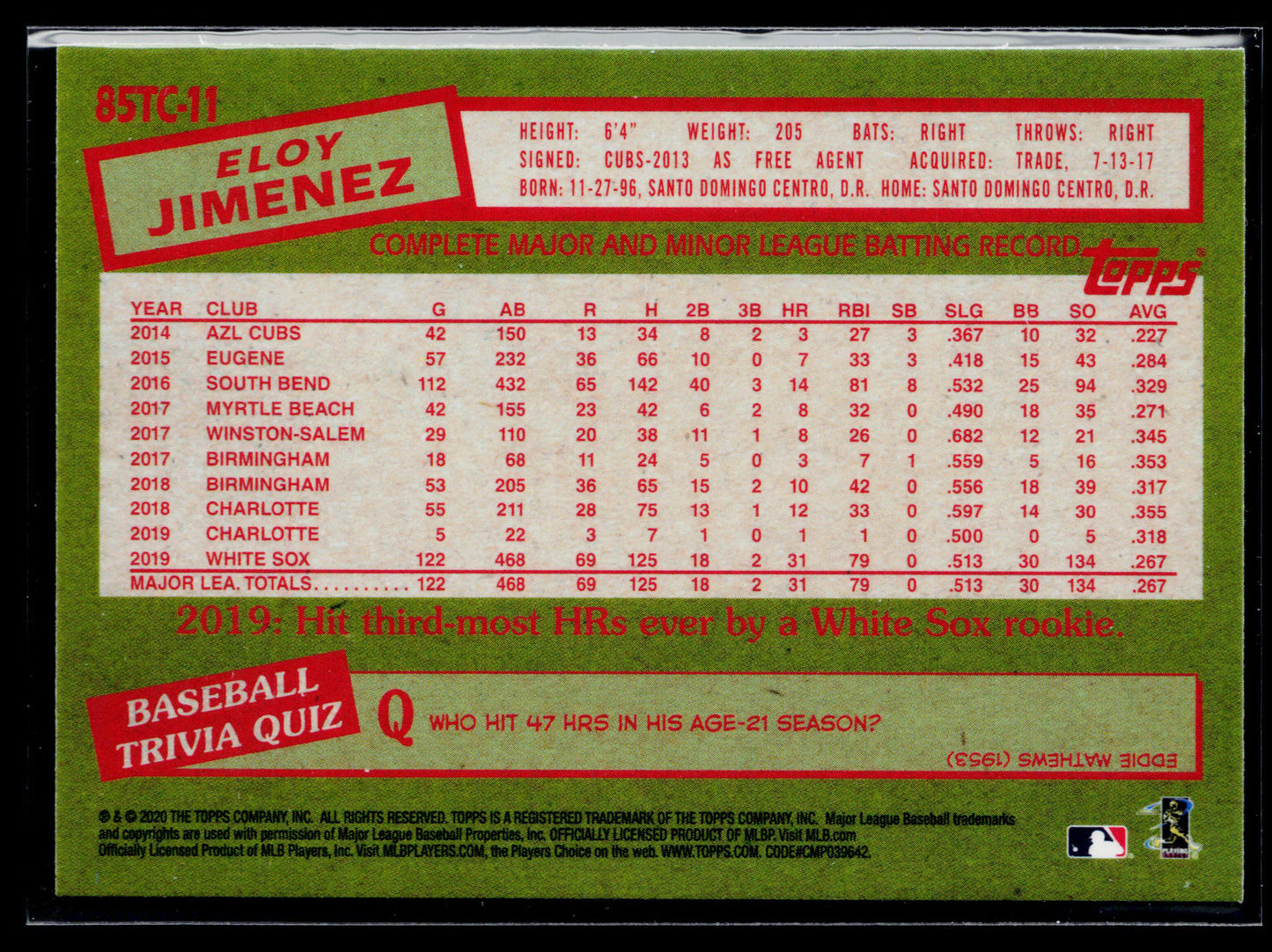 2020 Topps Chrome Eloy Jimenez 1985 Topps Baseball #85TC-11