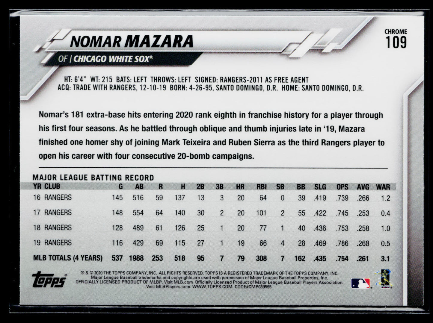2020 Topps Chrome Nomar Mazara Prism Refractor #109