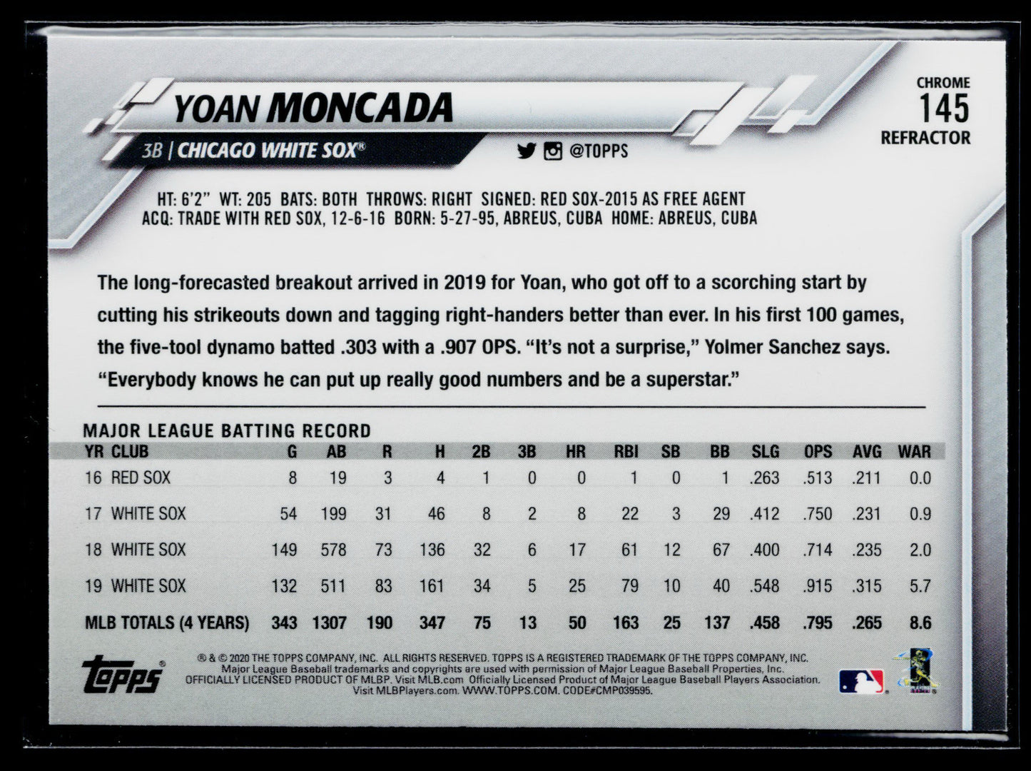 2020 Topps Chrome Yoan Moncada Pink Refractor #145