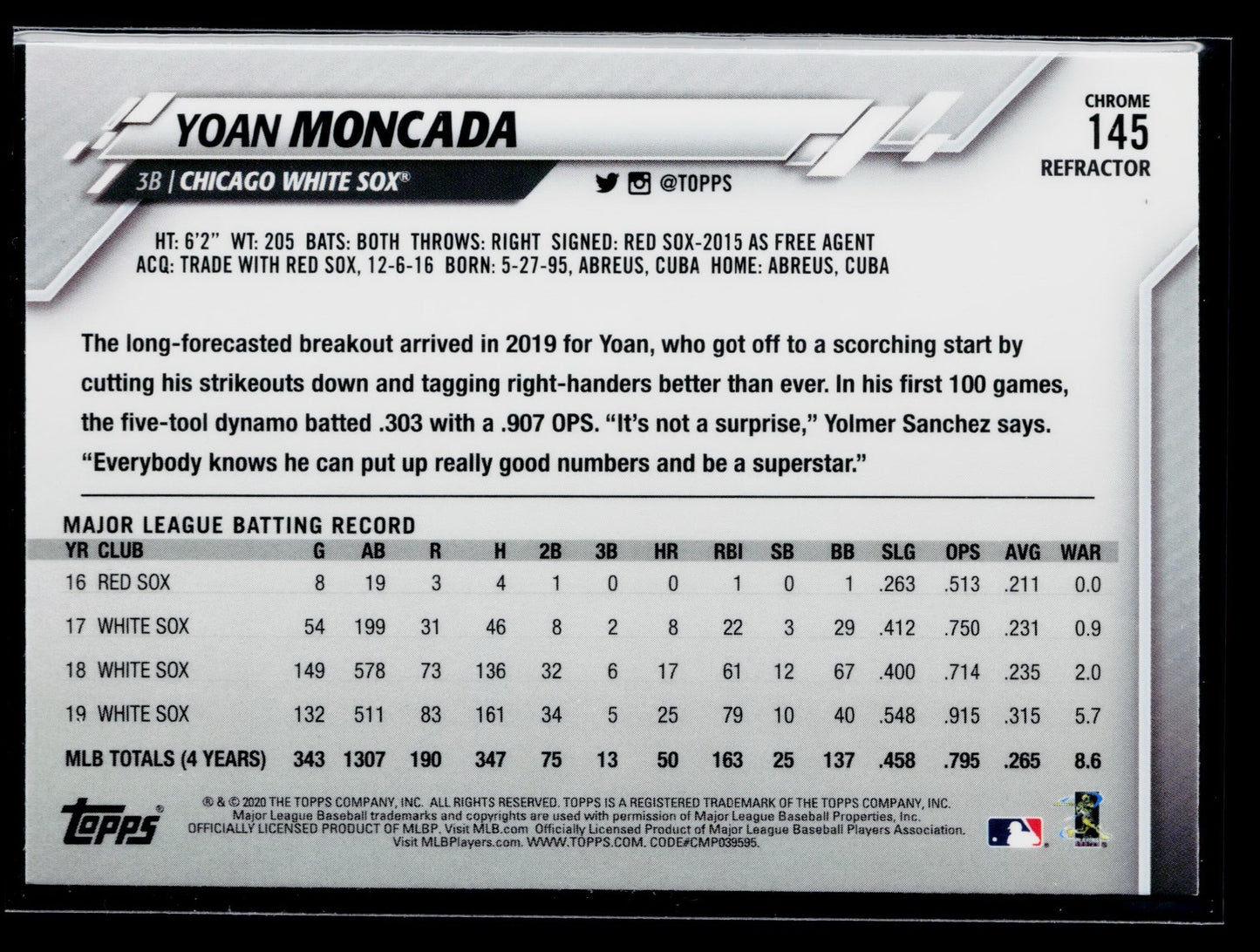 2020 Topps Chrome Yoan Moncada Pink Refractor #145