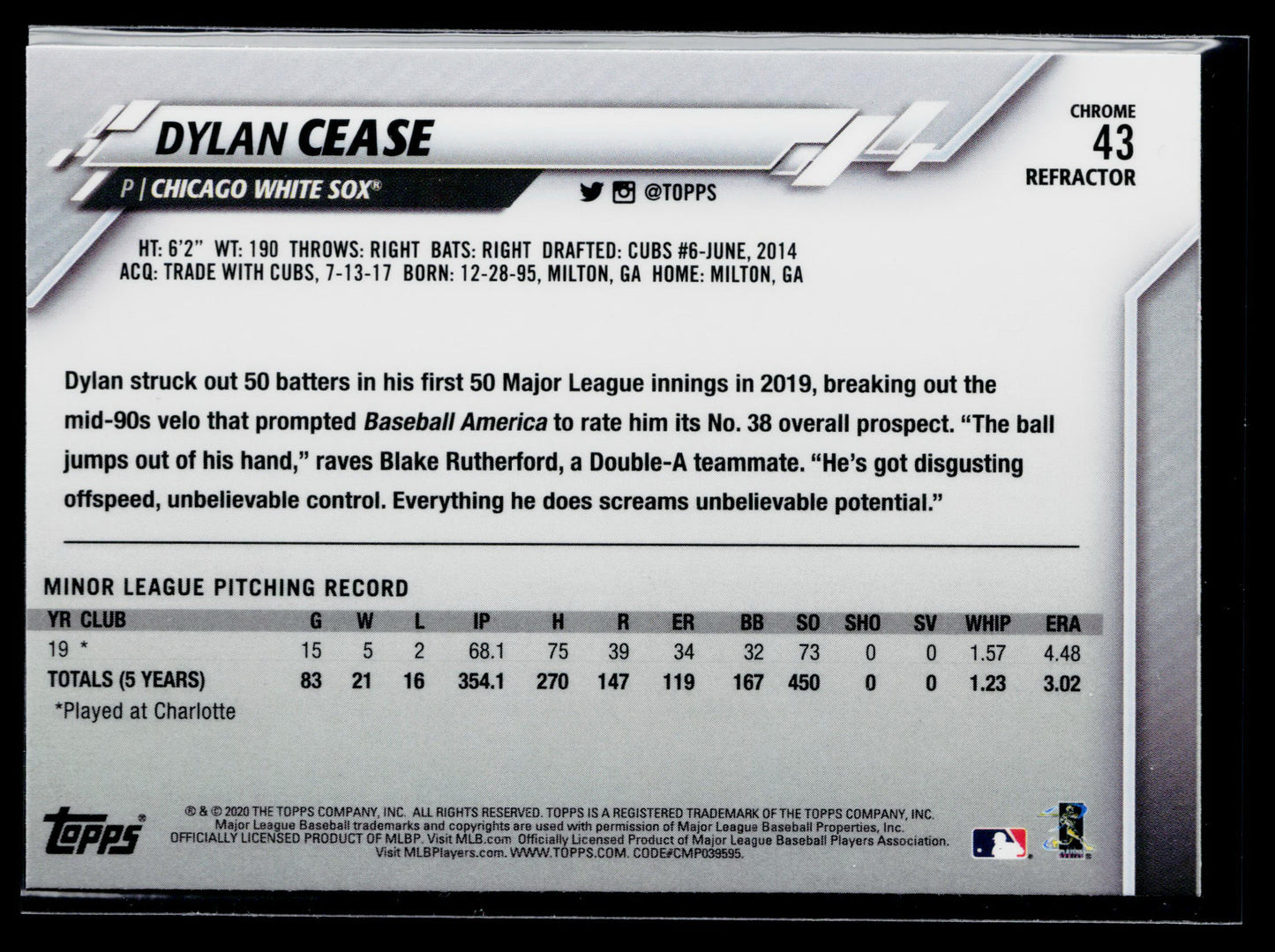 2020 Topps Chrome Dylan Cease Rookie Pink Refractor #43