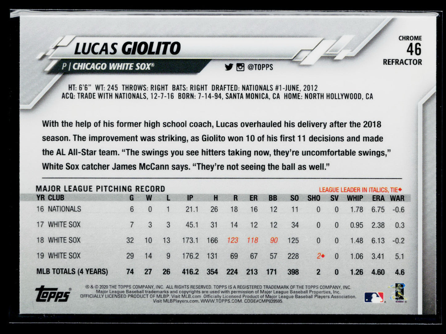 2020 Topps Chrome Lucas Giolito Pink Refractor #46
