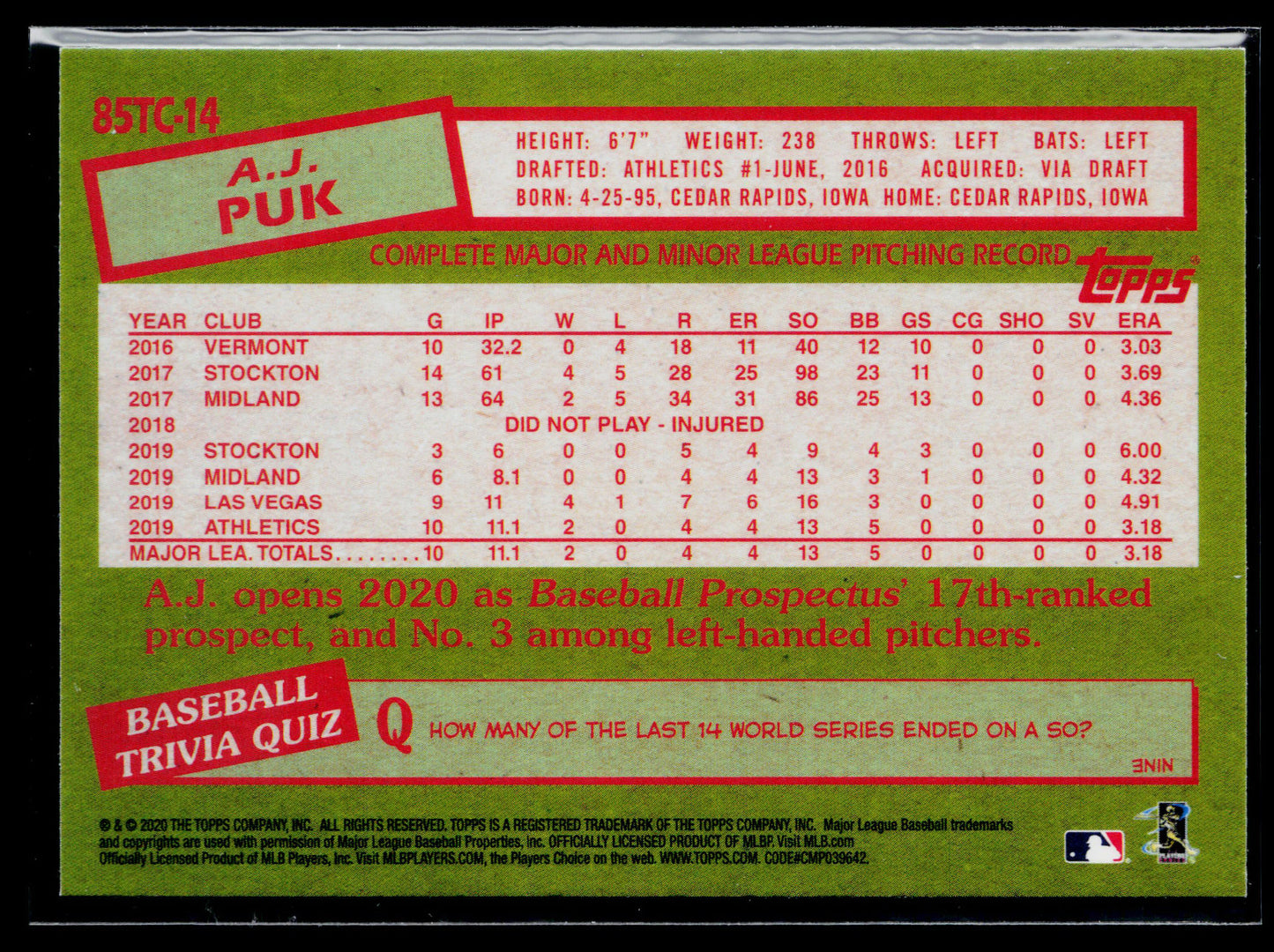 2020 Topps Chrome A.J. Puk 1985 Topps Baseball #85TC-14