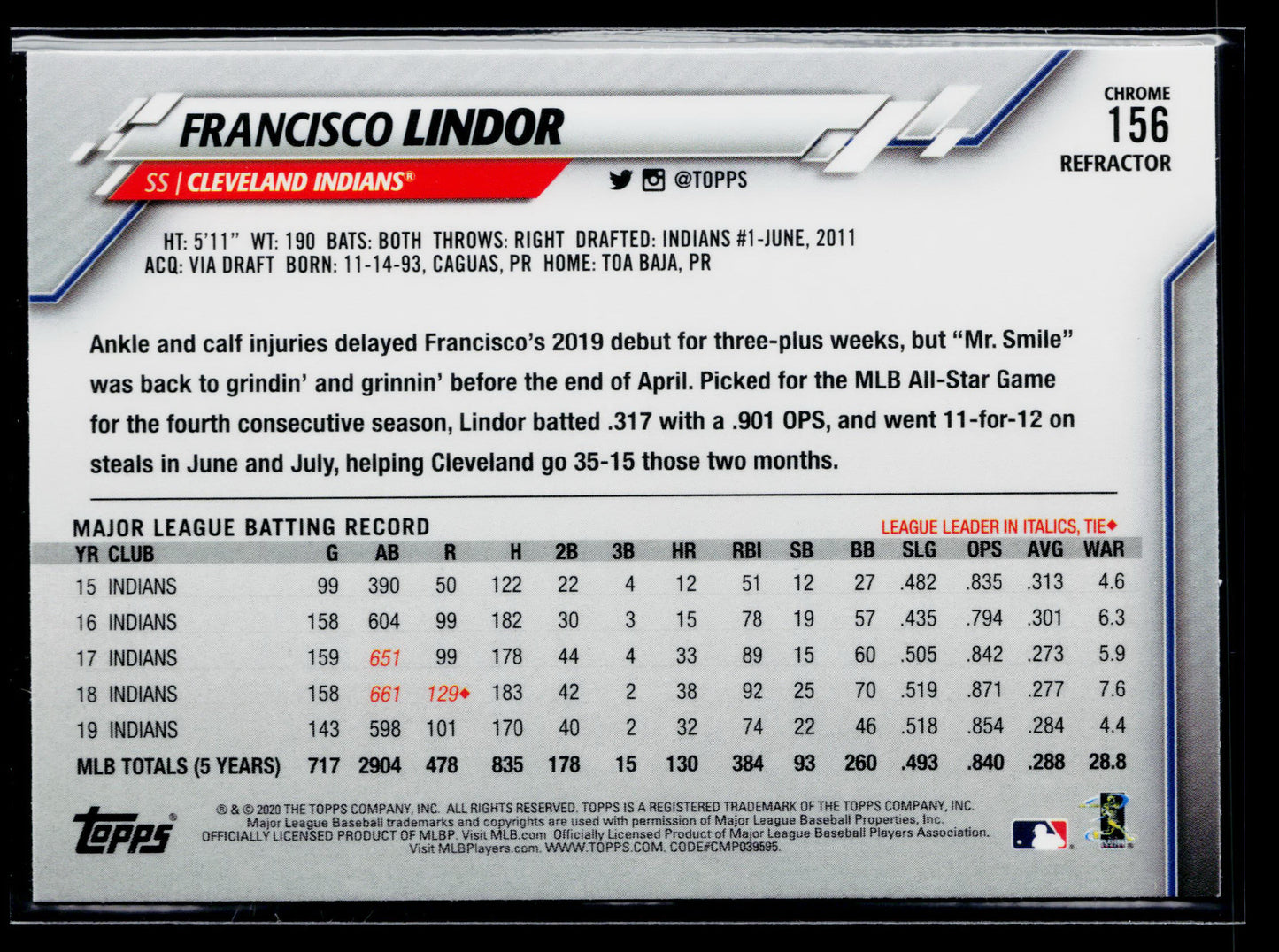 2020 Topps Chrome Francisco Lindor Pink Refractor #156