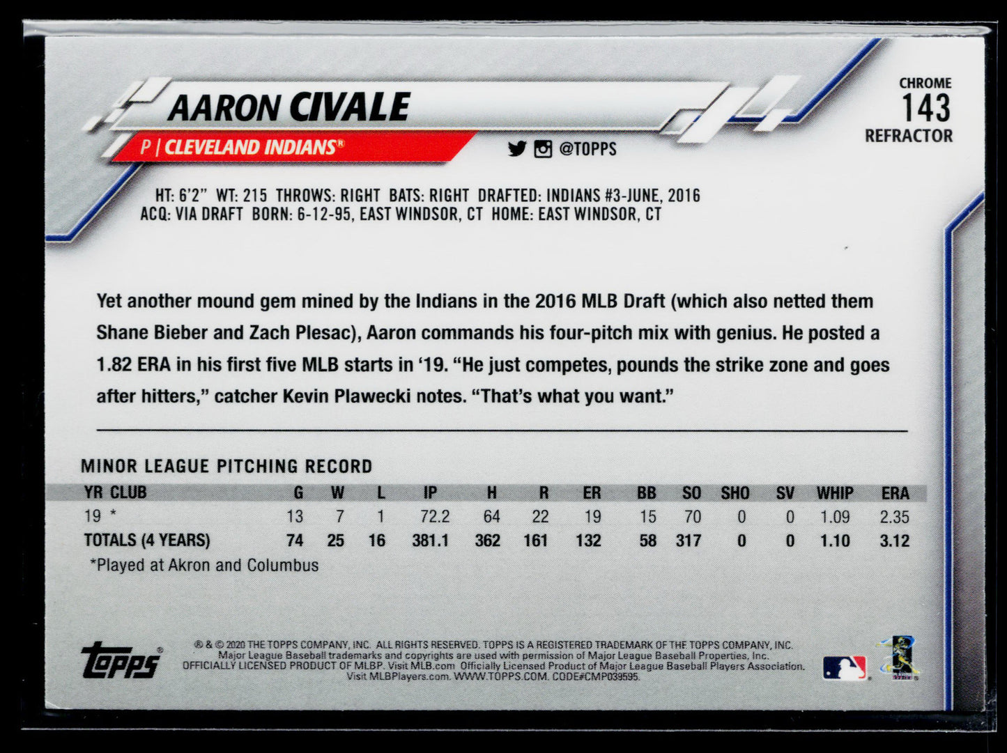 2020 Topps Chrome Aaron Civale Rookie Refractor #143