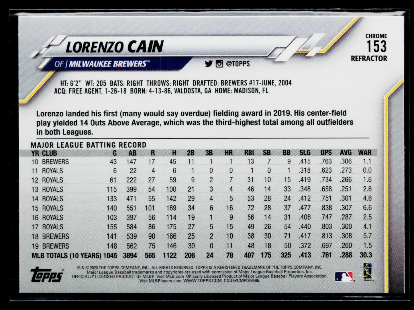 2020 Topps Chrome Lorenzo Cain Pink Refractor #153