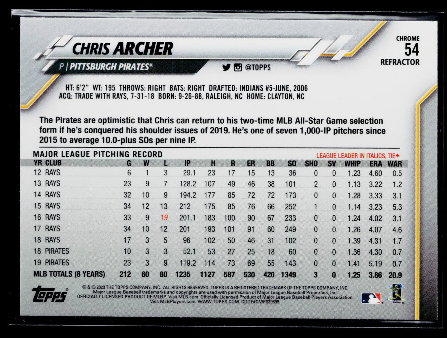 2020 Topps Chrome Chris Archer Pink Refractor #54