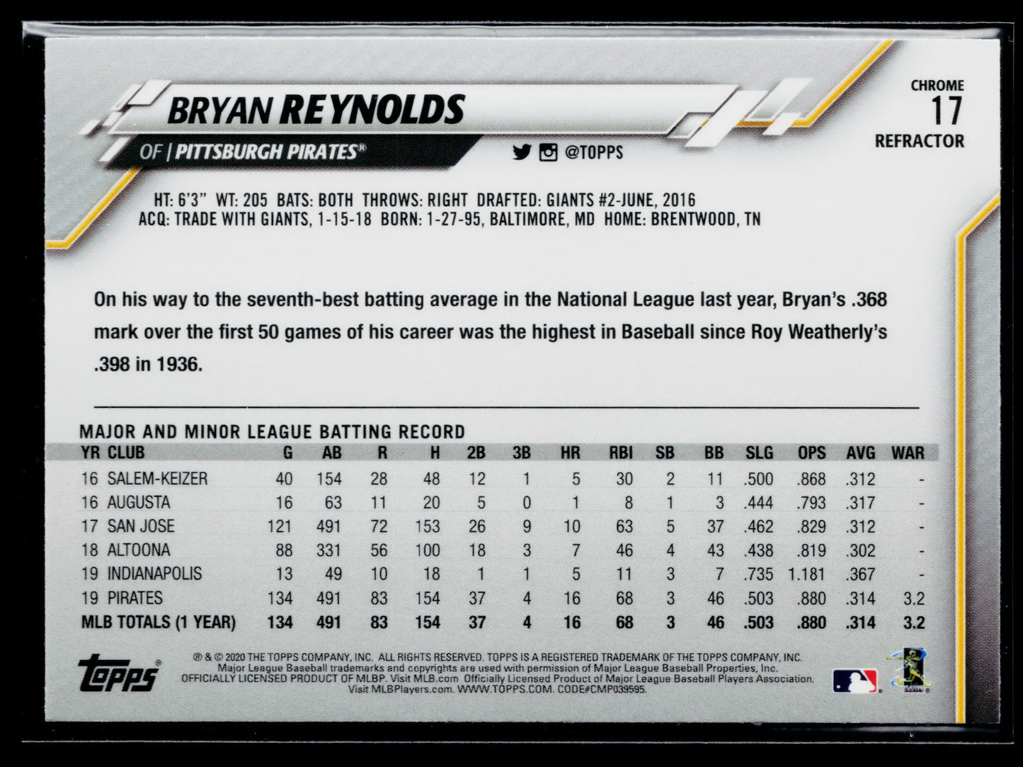 2020 Topps Chrome Bryan Reynolds Refractor #17