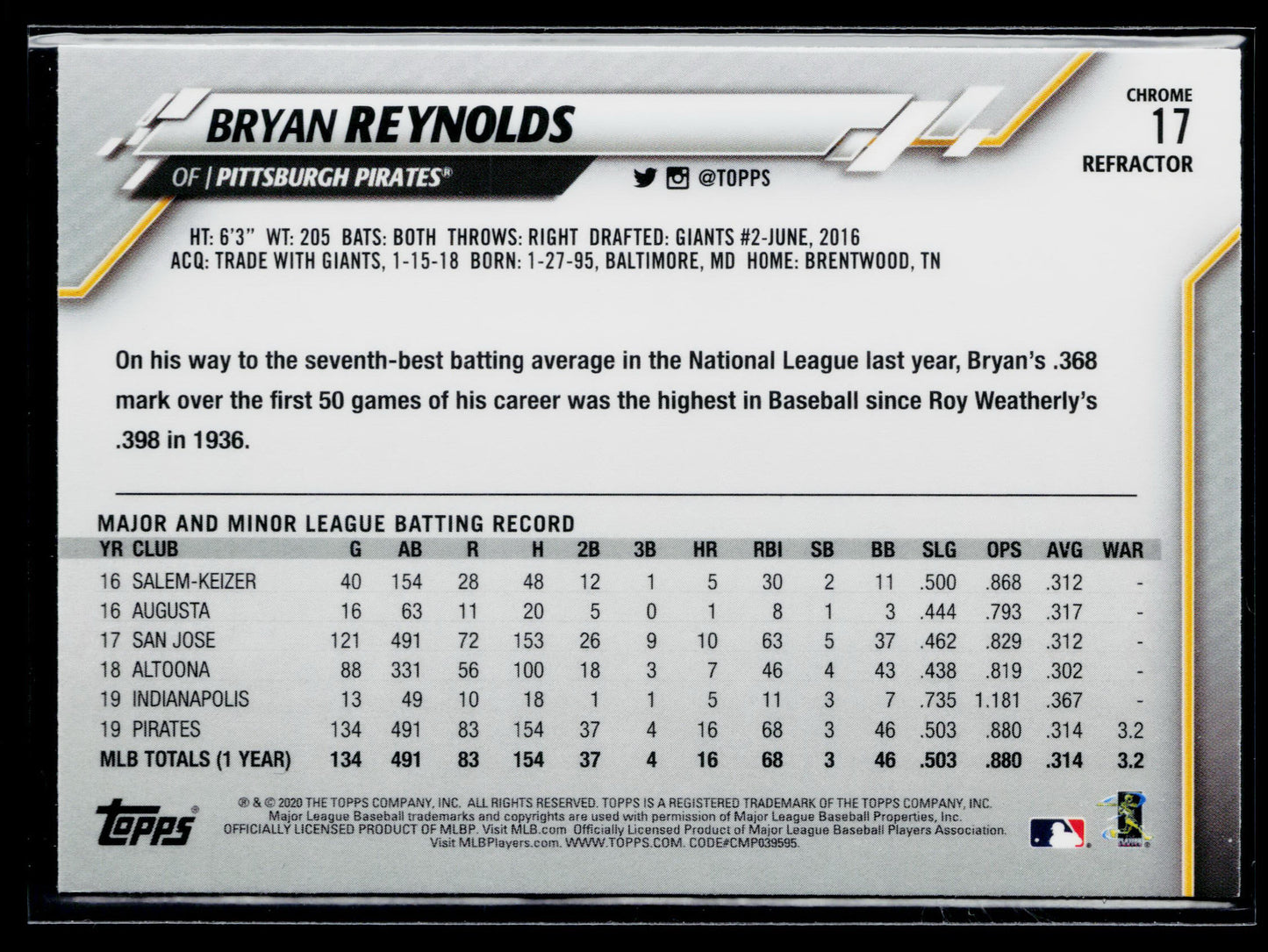 2020 Topps Chrome Bryan Reynolds Sepia Refractor #17