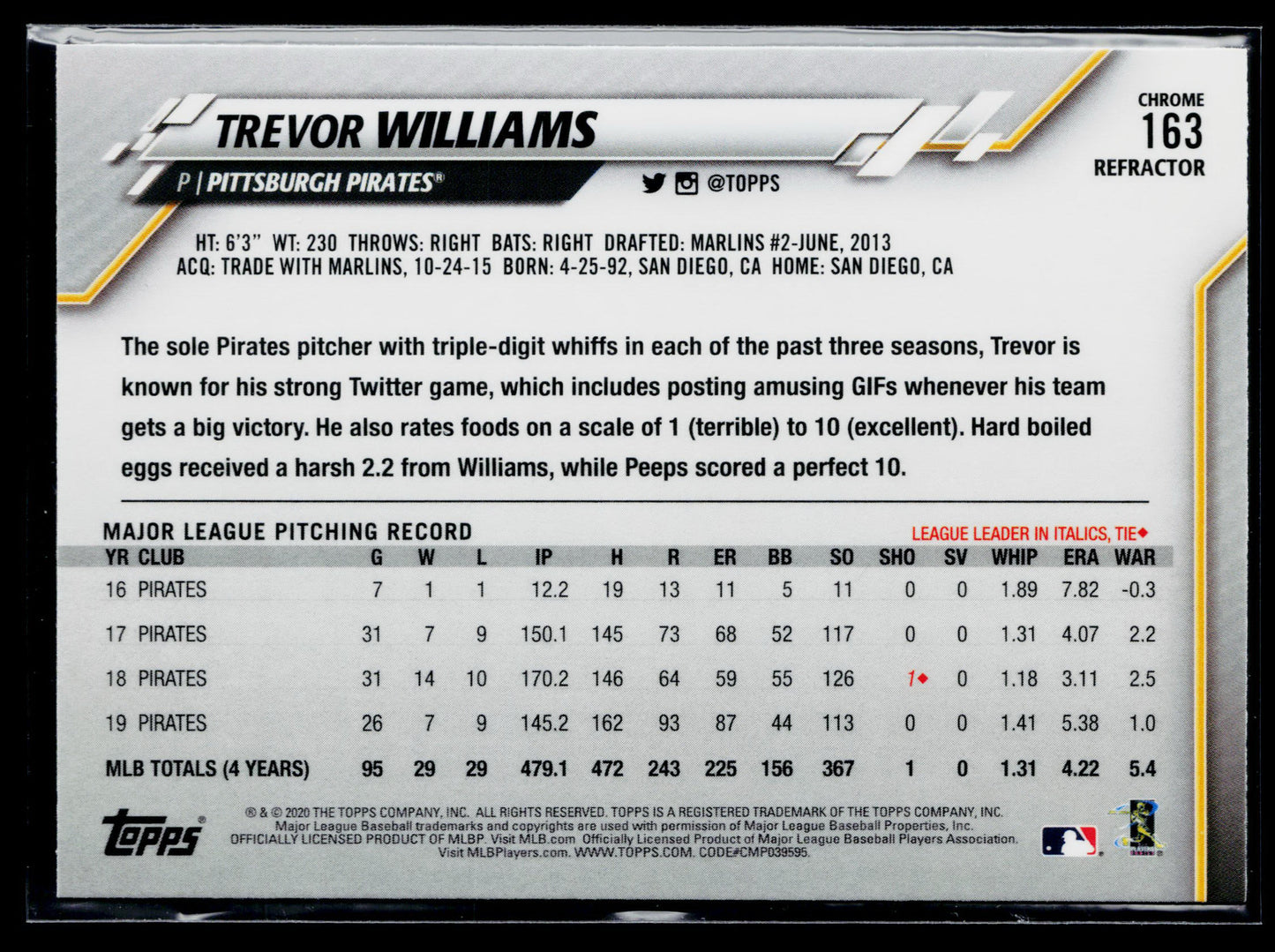 2020 Topps Chrome Trevor Williams Sepia Refractor #163