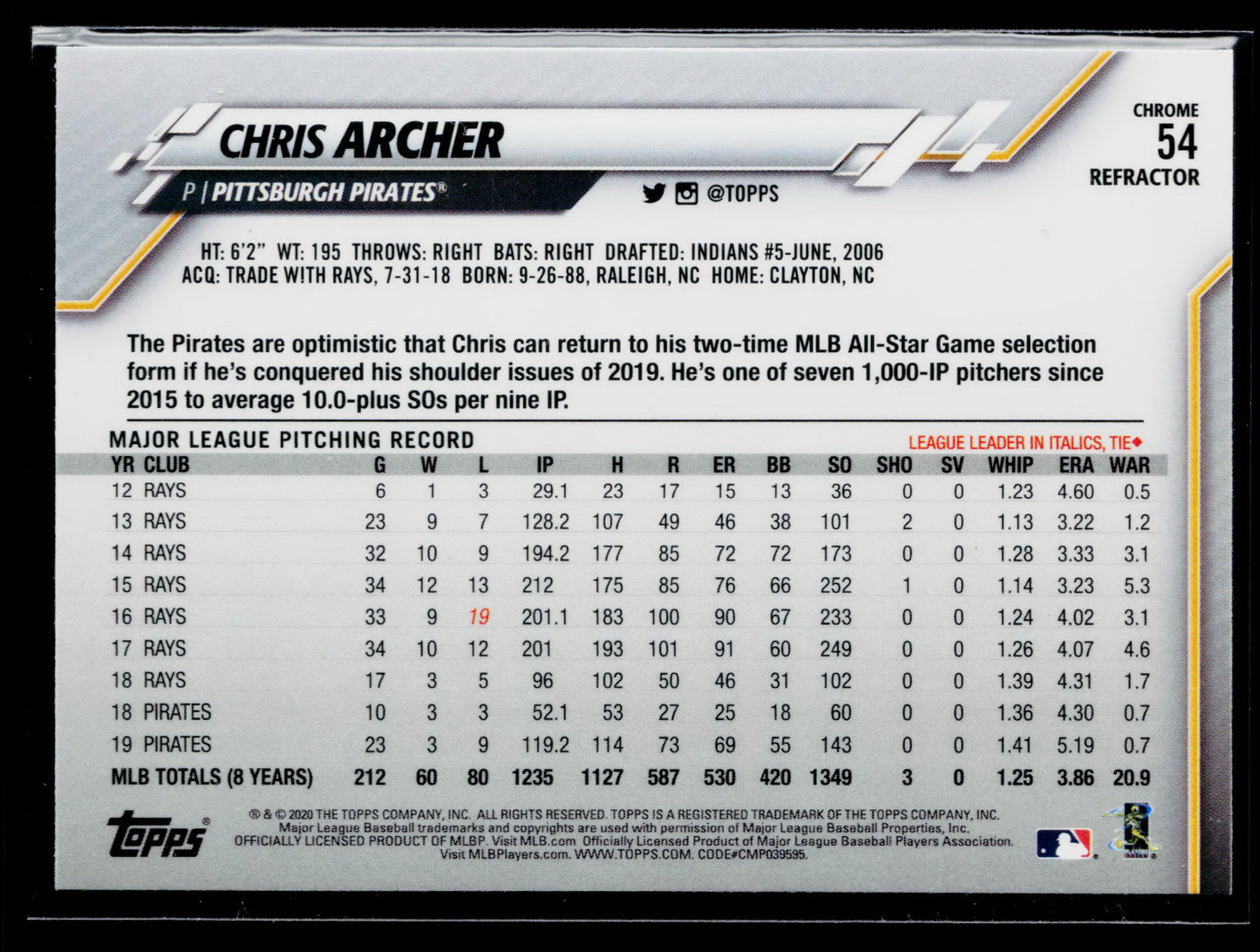 2020 Topps Chrome Chris Archer Pink Refractor #54