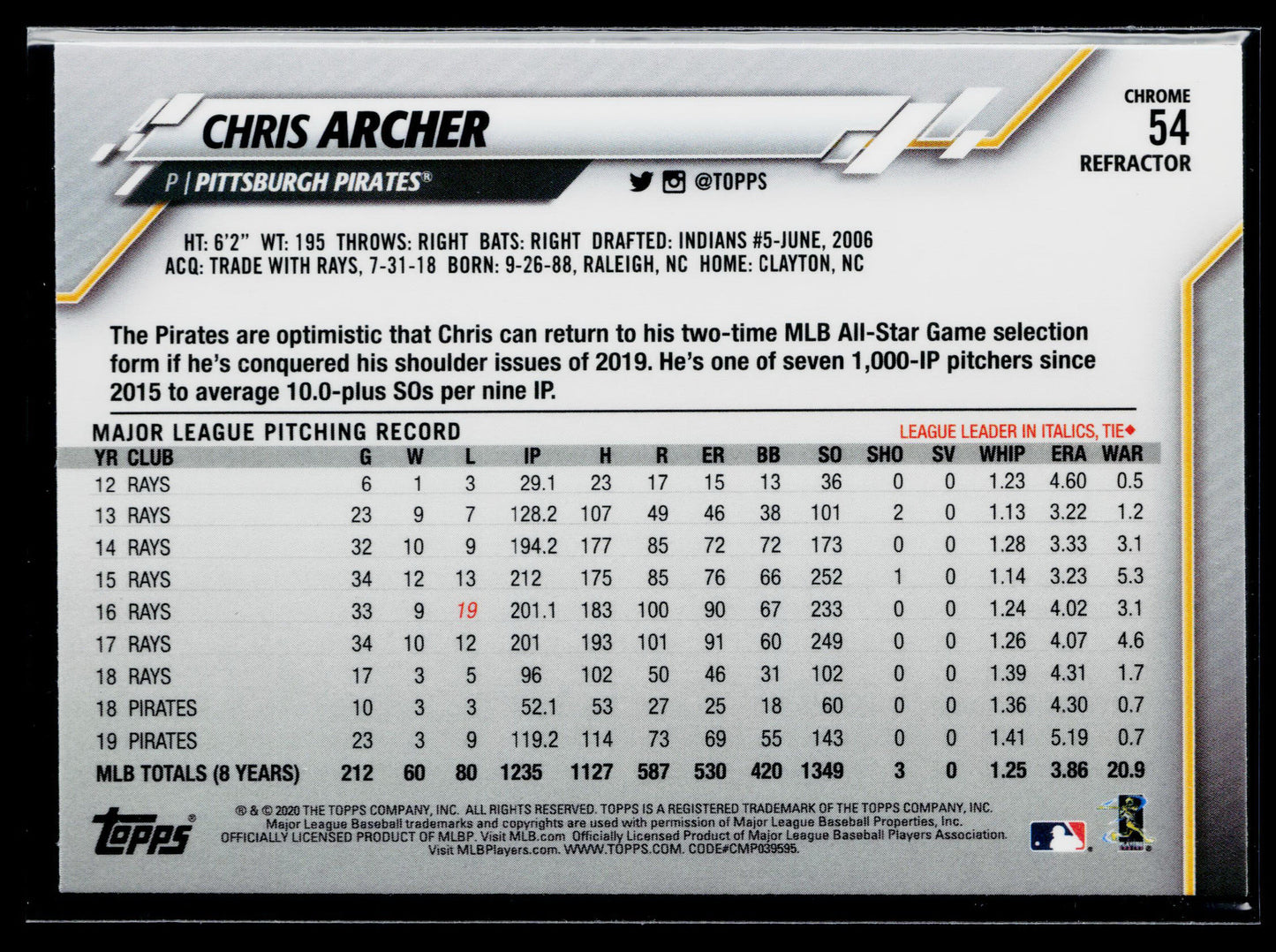 2020 Topps Chrome Chris Archer Pink Refractor #54