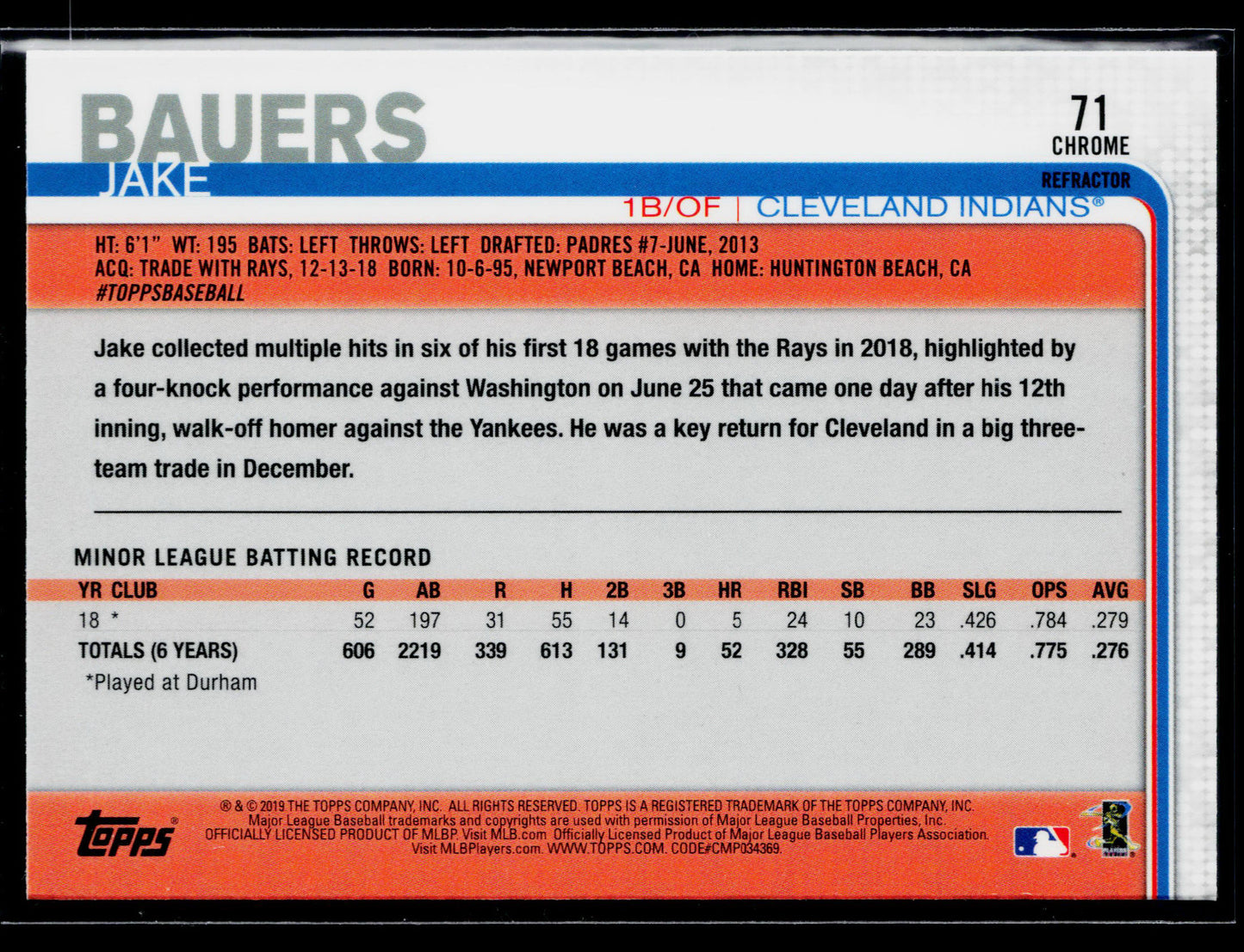2019 Topps Chrome Jake Bauers Rookie Pink Refractor #71