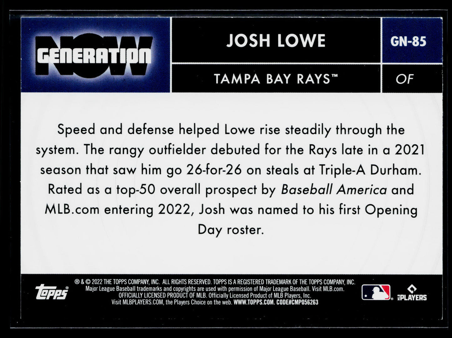 2022 Topps Update Josh Lowe Generation Now #GN-85
