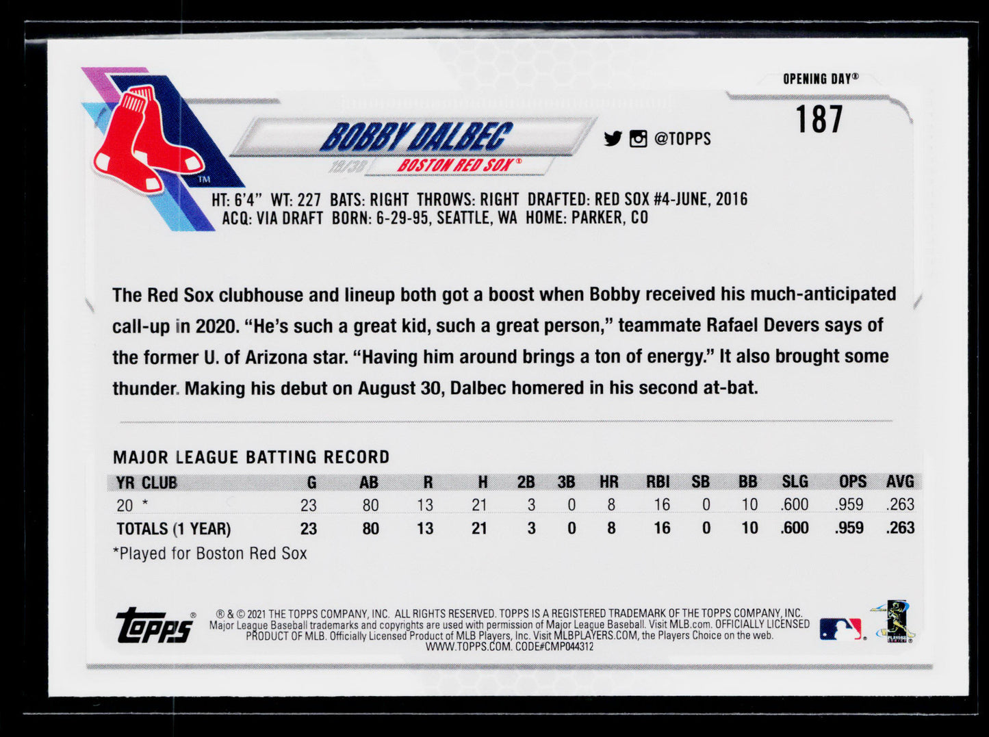 2021 Topps Opening Day Bobby Dalbec Rookie #187