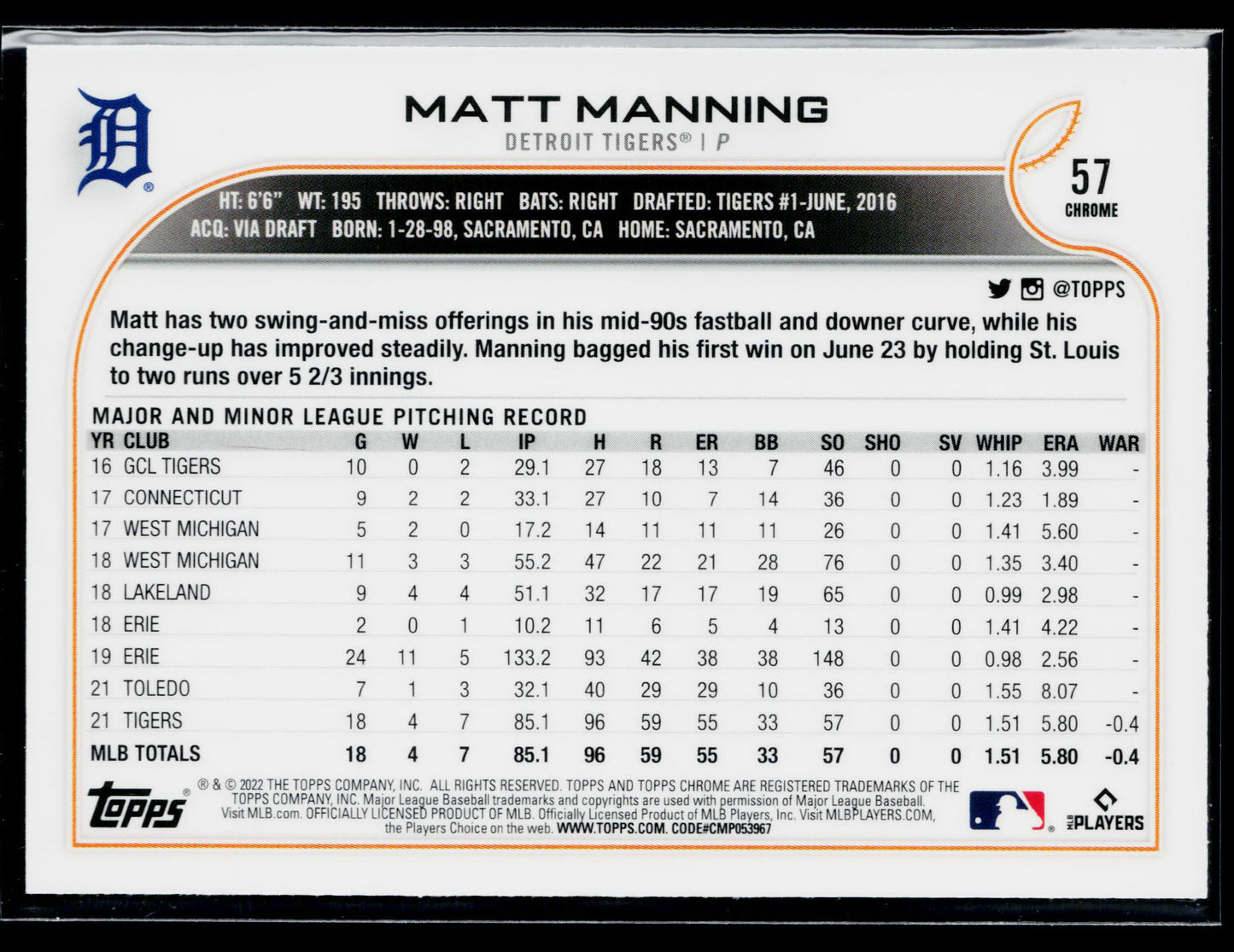 2022 Topps Chrome Matt Manning Pink Refractor #57