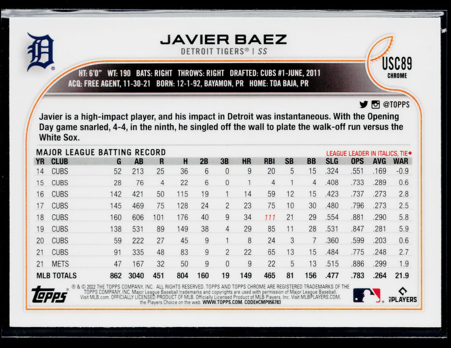 2022 Topps Chrome Update Javier Baez Purple #USC89