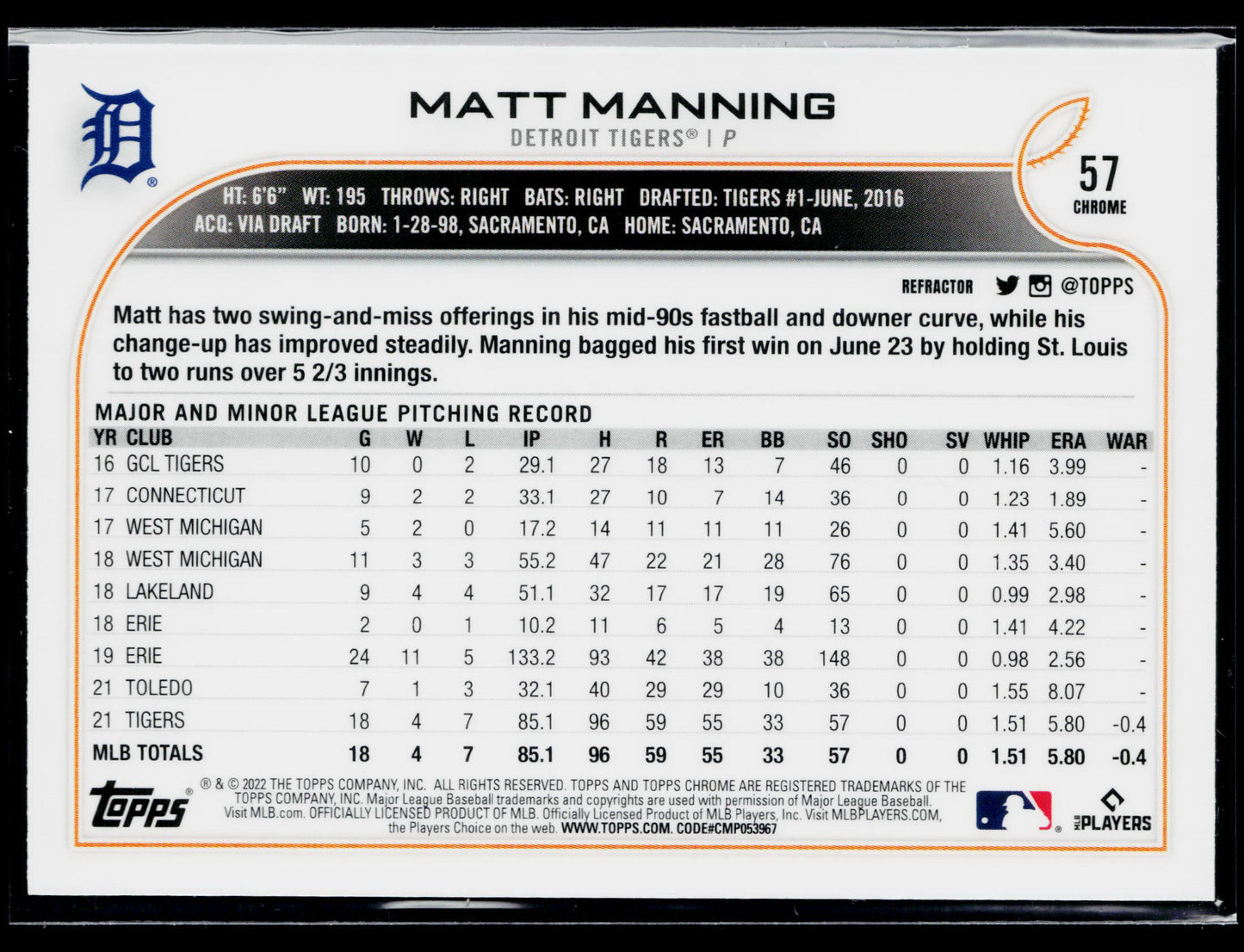 2022 Topps Chrome Matt Manning Rookie #57