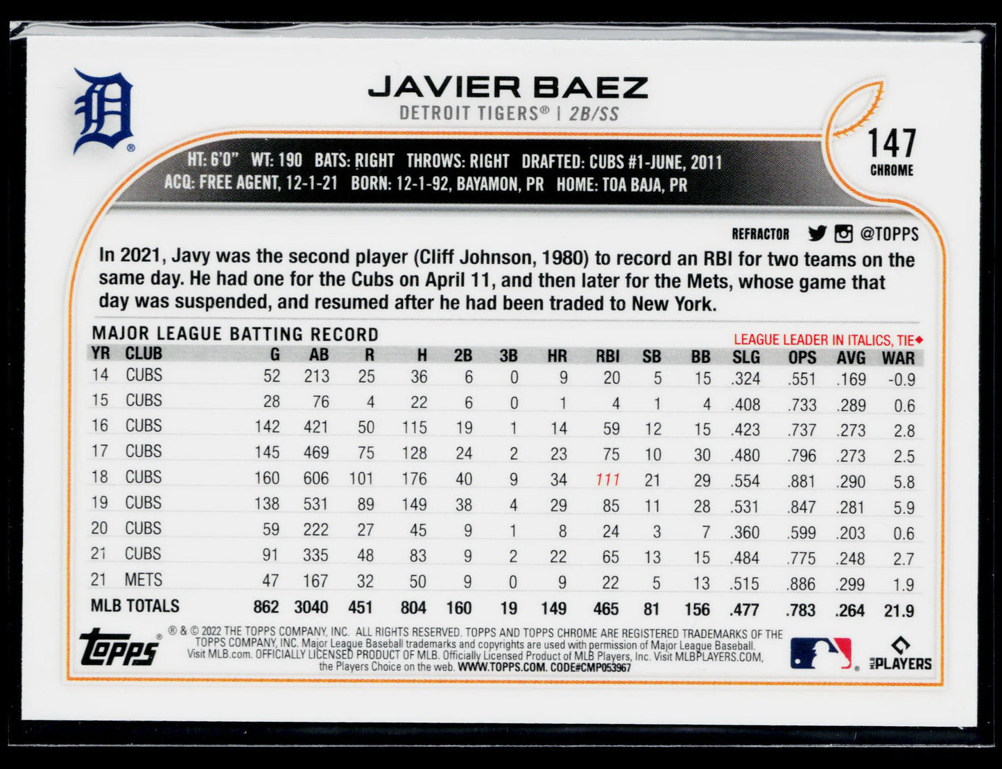 2022 Topps Chrome Javier Baez Refractor #147