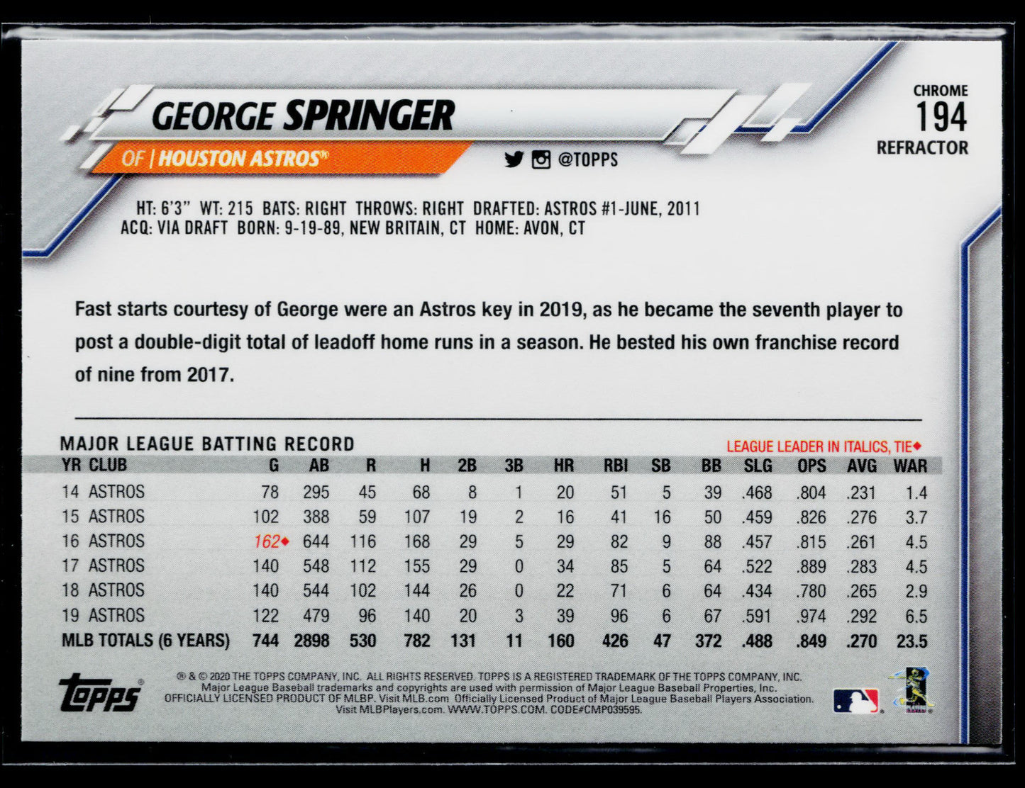2020 Topps Chrome George Springer X-Fractor Refractor #194