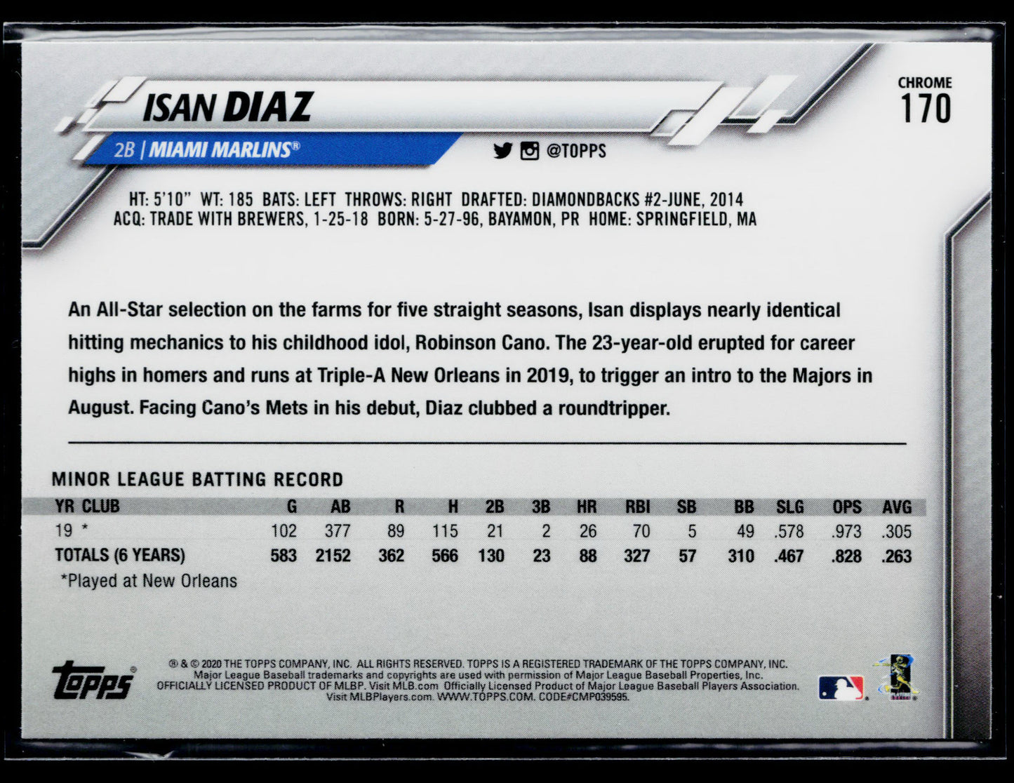 2020 Topps Chrome Isan Diaz Rookie Prism Refractor #170