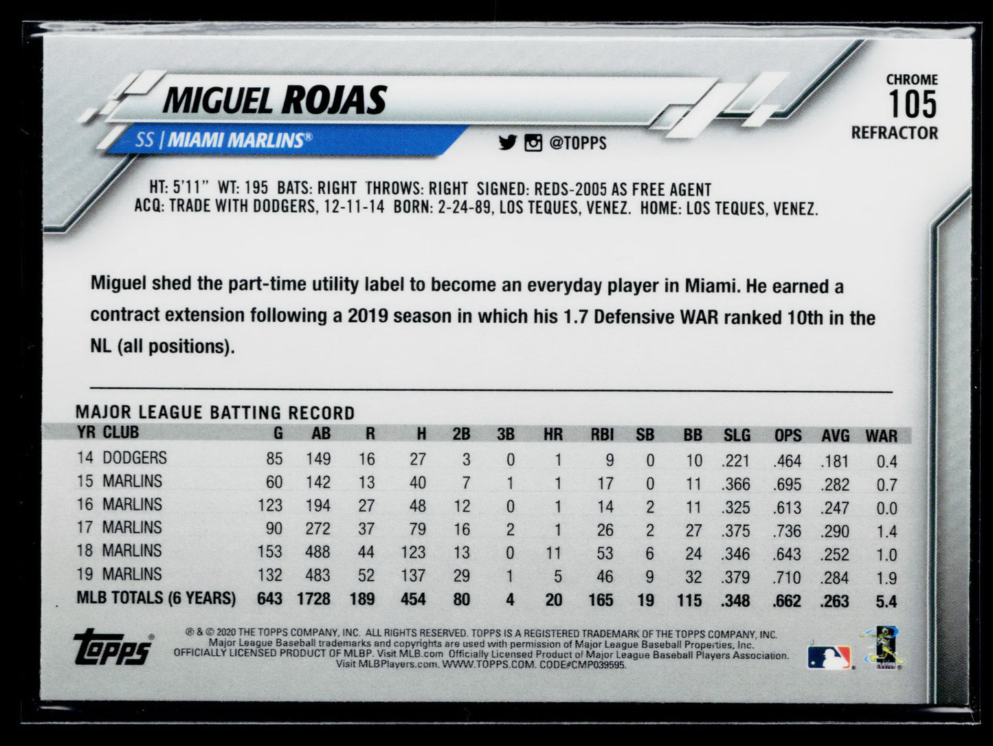 2020 Topps Chrome Miguel Rojas Sepia Refractor #105