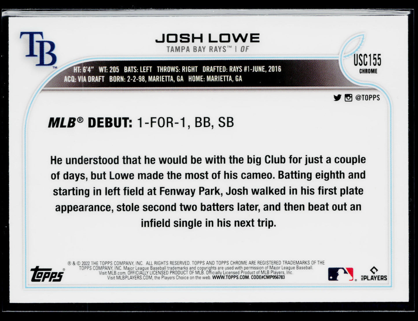 2022 Topps Chrome Update Josh Lowe Purple #USC155