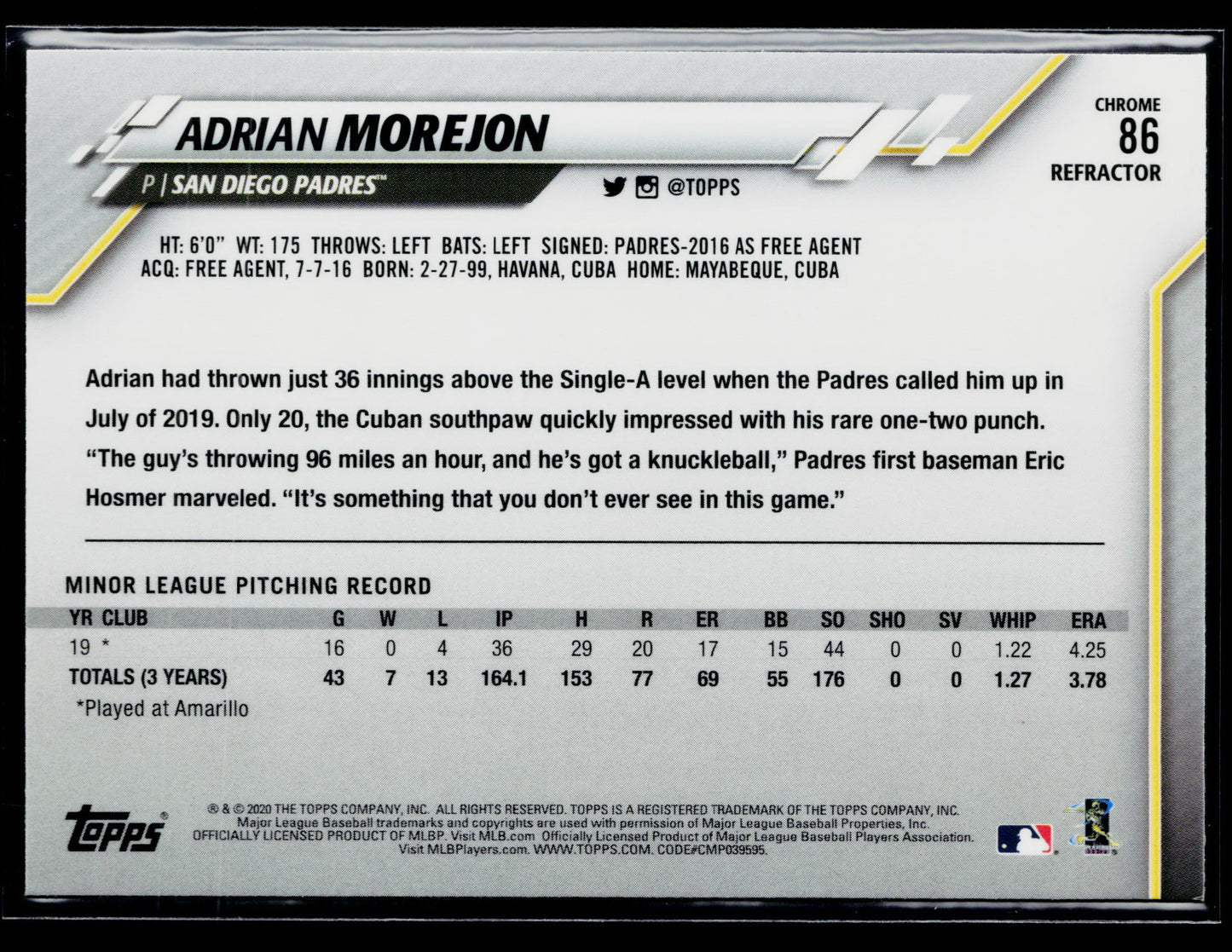 2020 Topps Chrome Adrian Morejon Rookie Pink Refractor #86