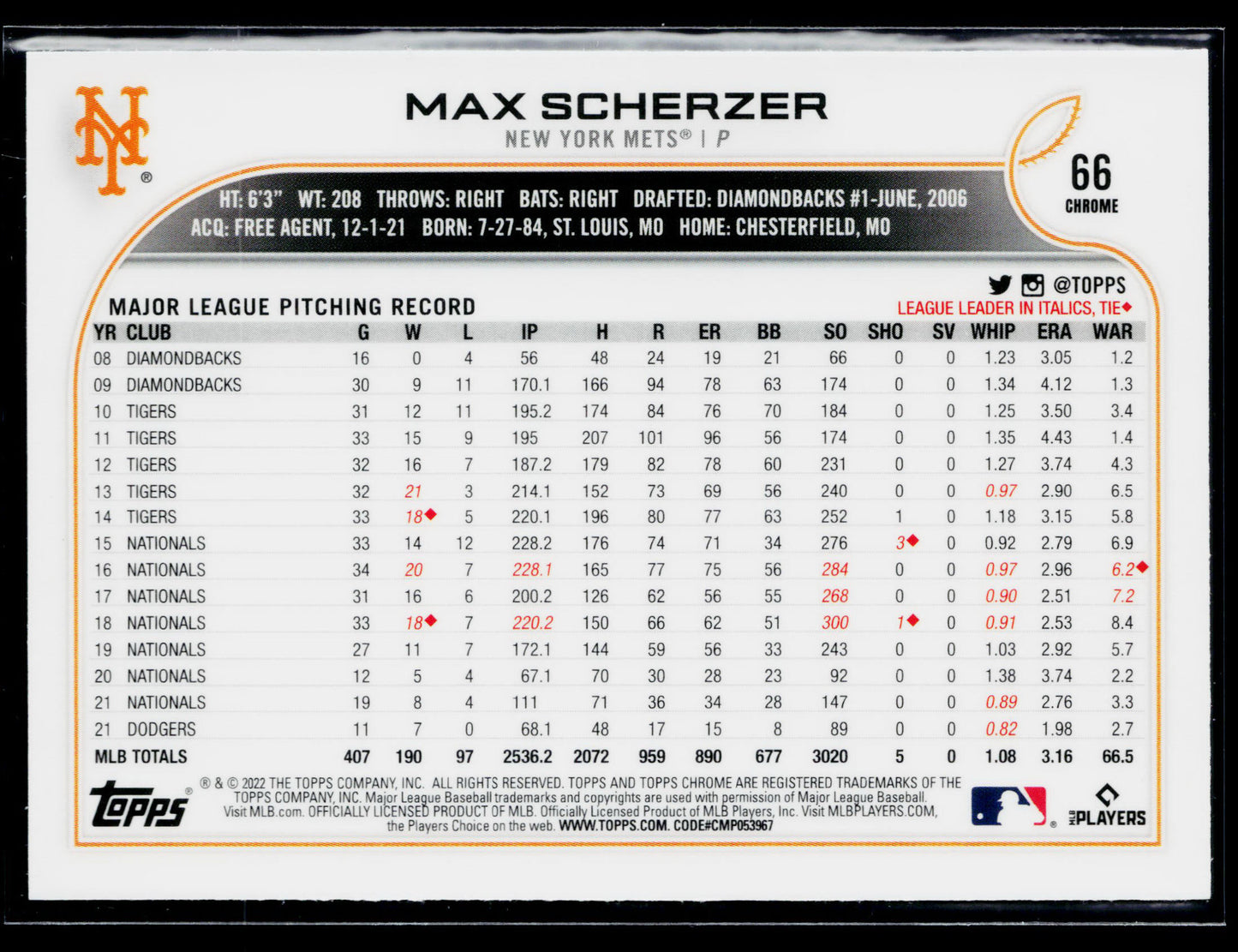 2022 Topps Chrome Max Scherzer Sepia Refractor #66