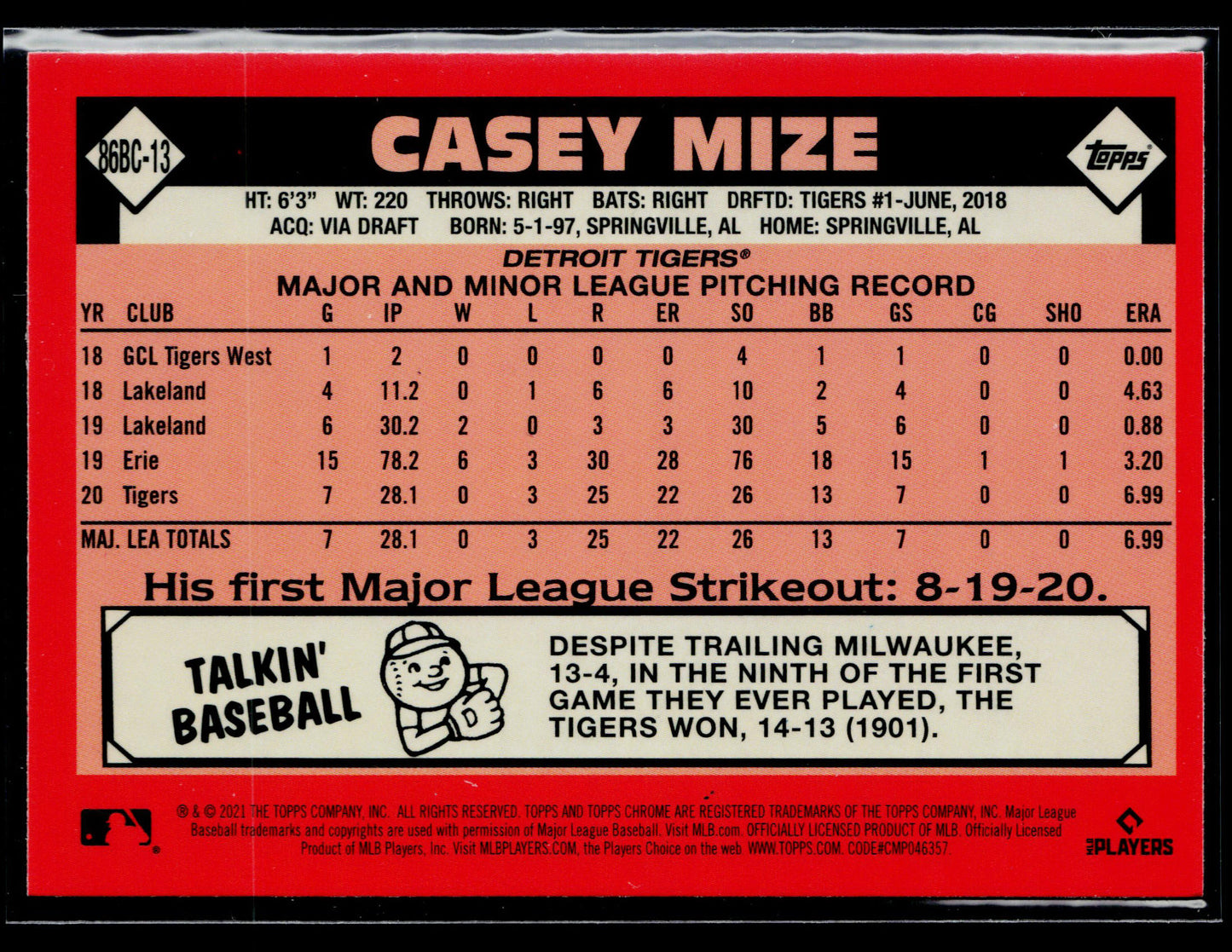 2021 Topps Chrome Casey Mize 1986 Topps Baseball 35th Anniversary #86BC-13