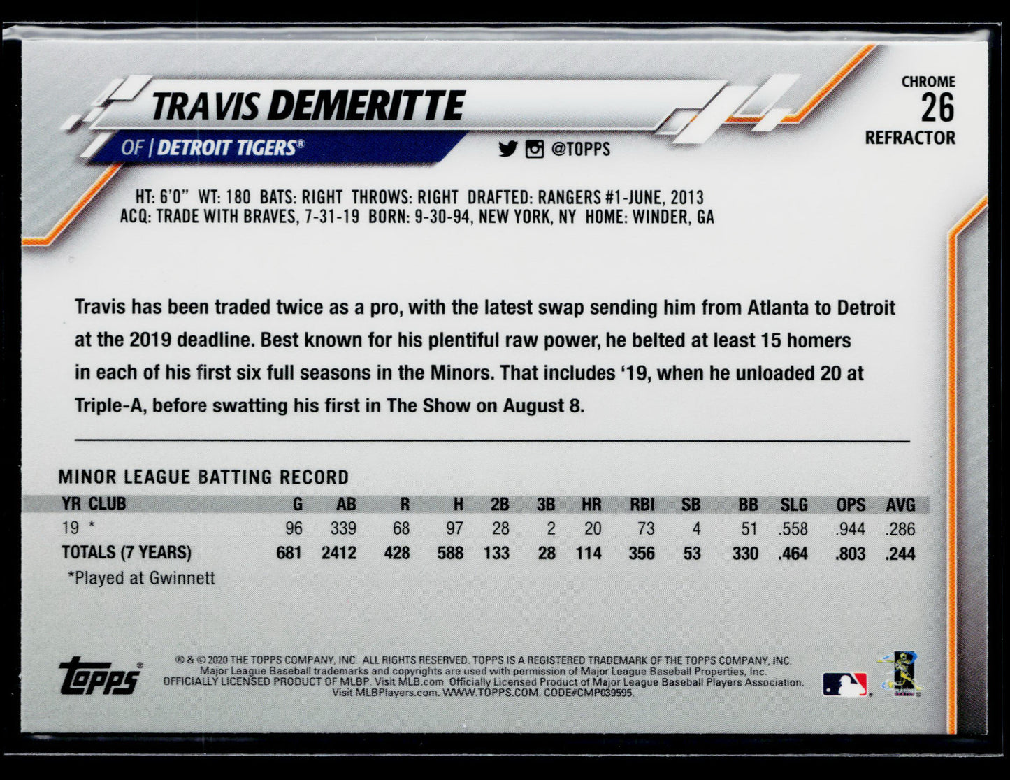 2020 Topps Chrome Travis Demeritte Rookie Pink Refractor #26
