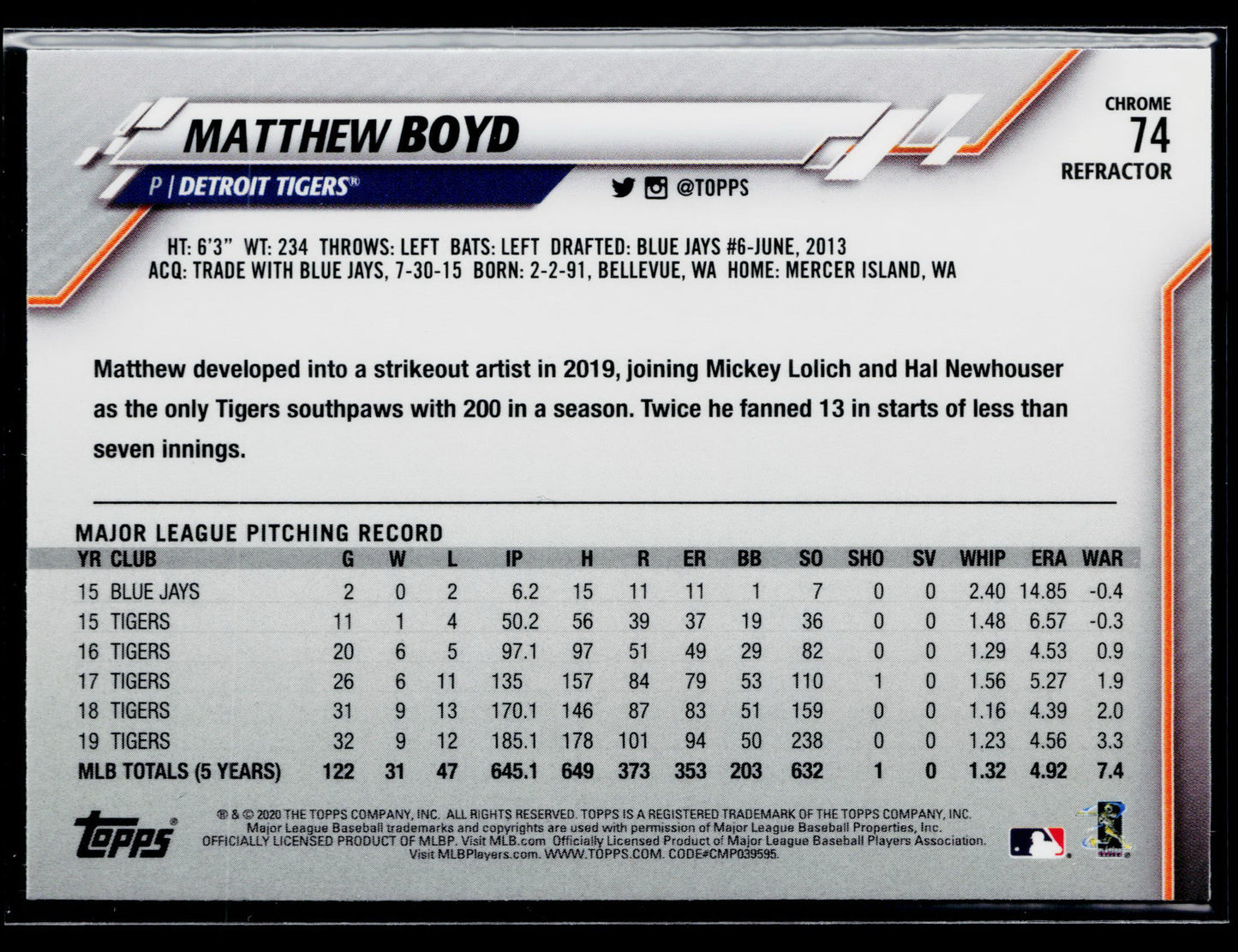 2020 Topps Chrome Matthew Boyd Pink Refractor #74