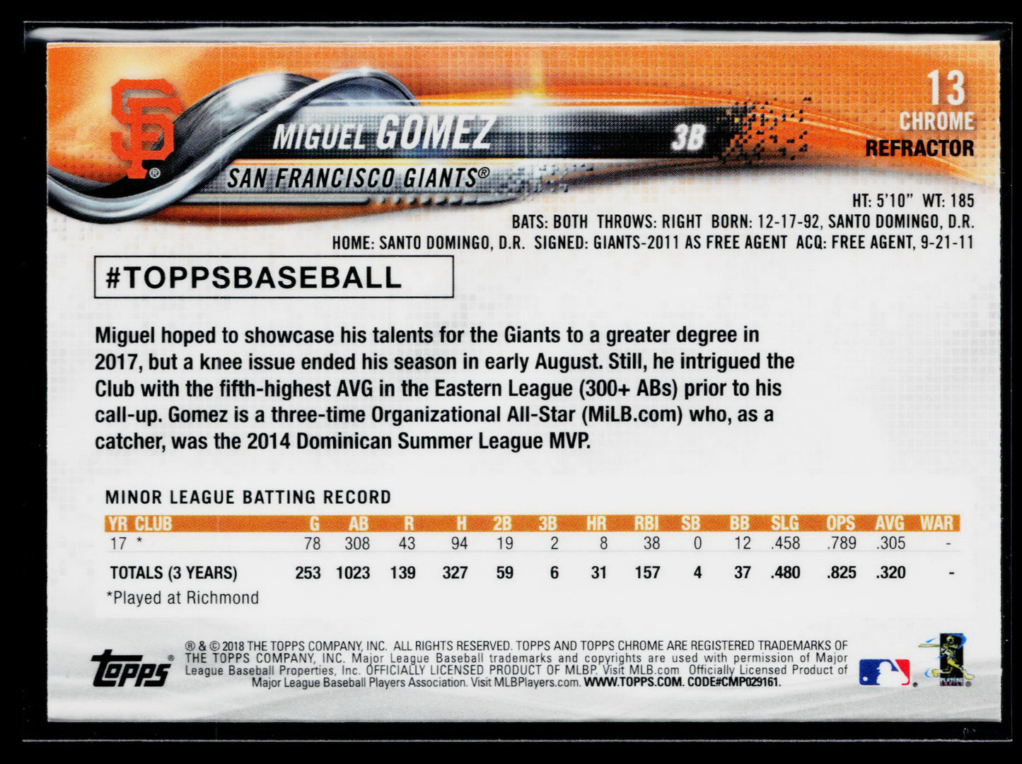 2018 Topps Chrome Miguel Gomez Rookie Pink Refractor #13