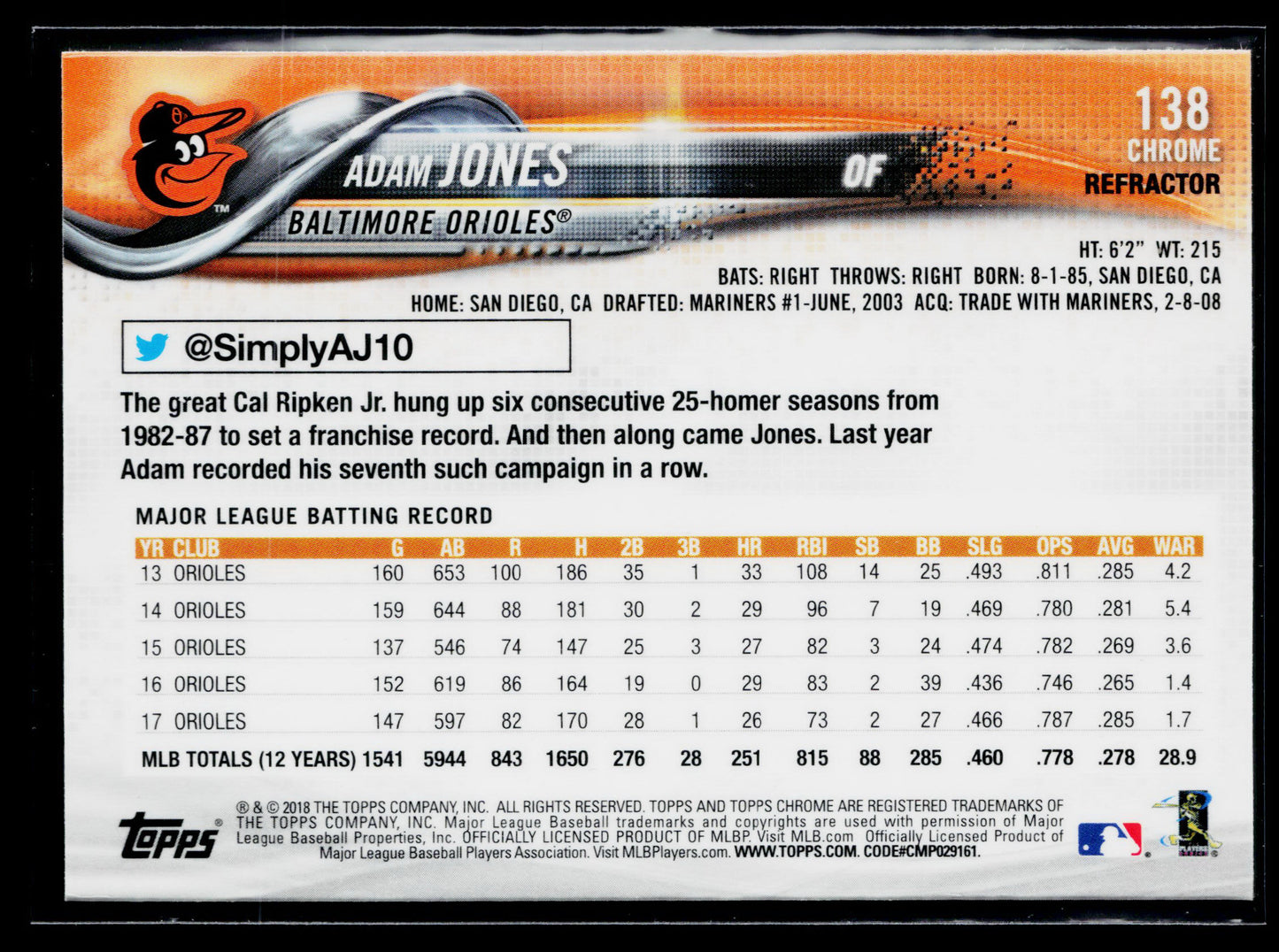 2018 Topps Chrome Adam Jones Pink Refractor #138