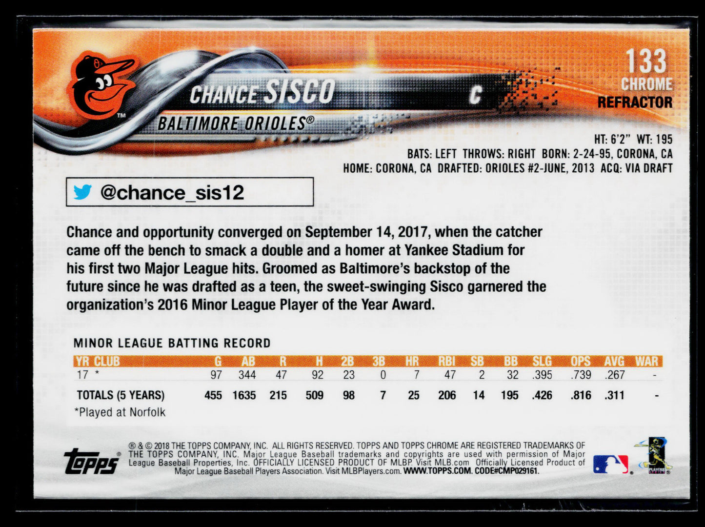 2018 Topps Chrome Chance Sisco Rookie Pink Refractor #133
