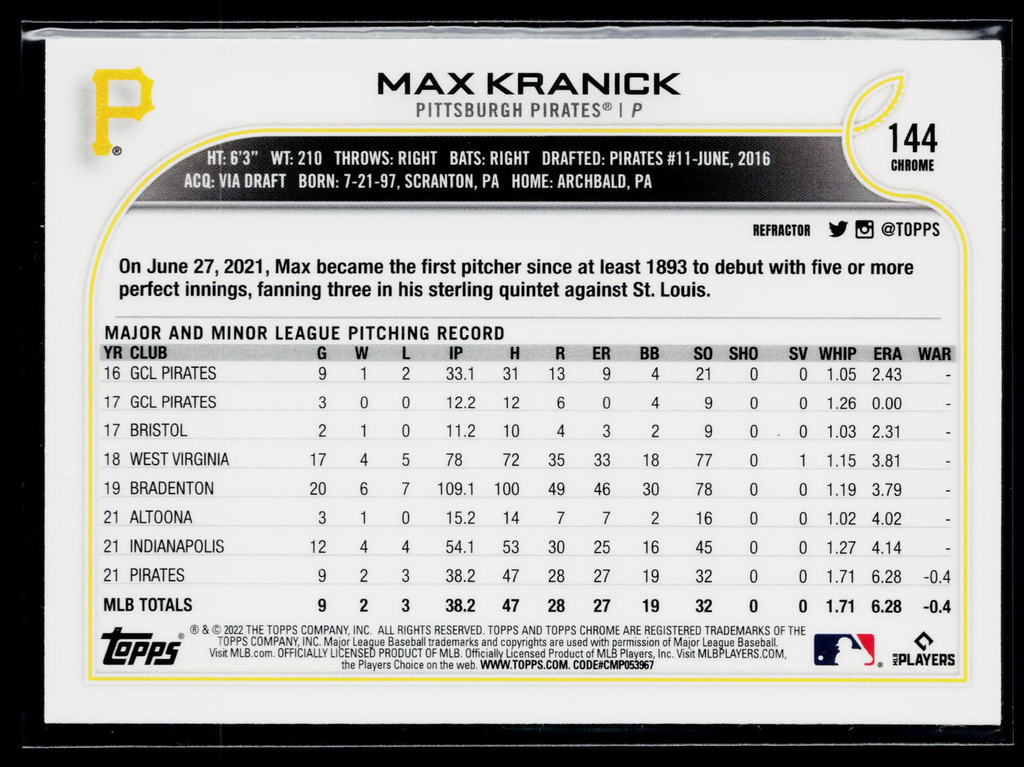 2022 Topps Chrome Max Kranick Refractor #144
