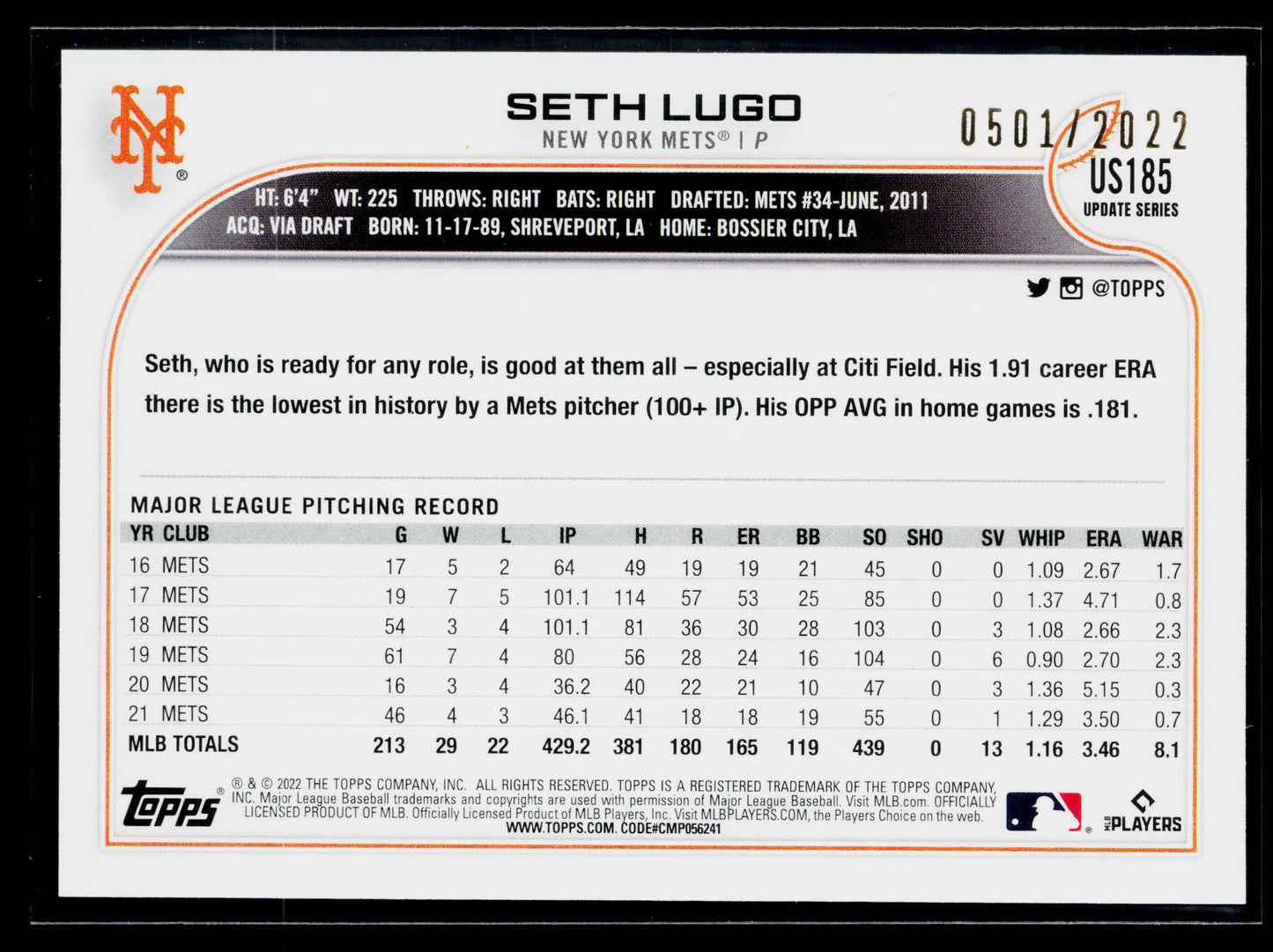 2022 Topps Update Seth Lugo Gold #/2022 #US185