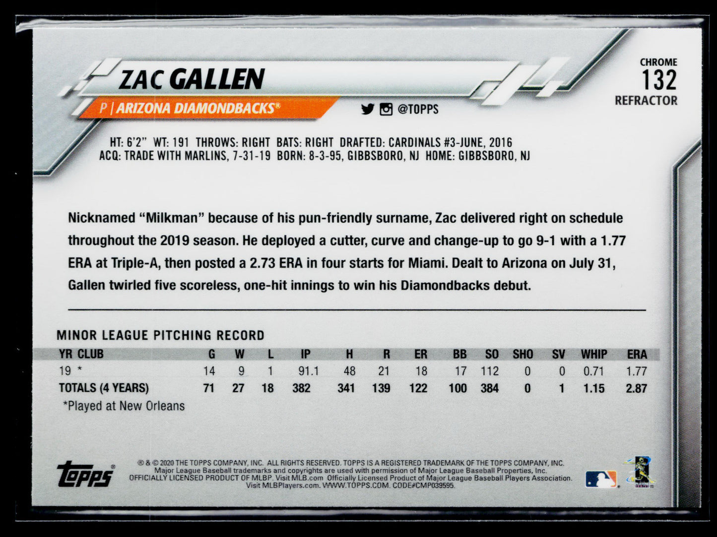 2020 Topps Chrome Zac Gallen Rookie Refractor #132