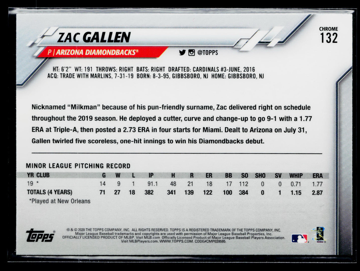 2020 Topps Chrome Zac Gallen Rookie Prism Refractor #132