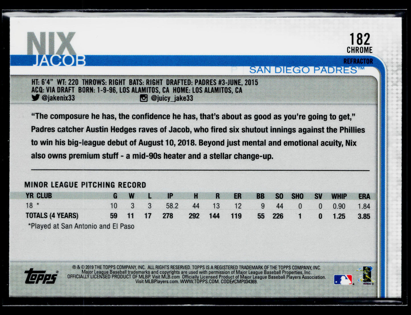 2019 Topps Chrome Jacob Nix Rookie Pink Refractor #182