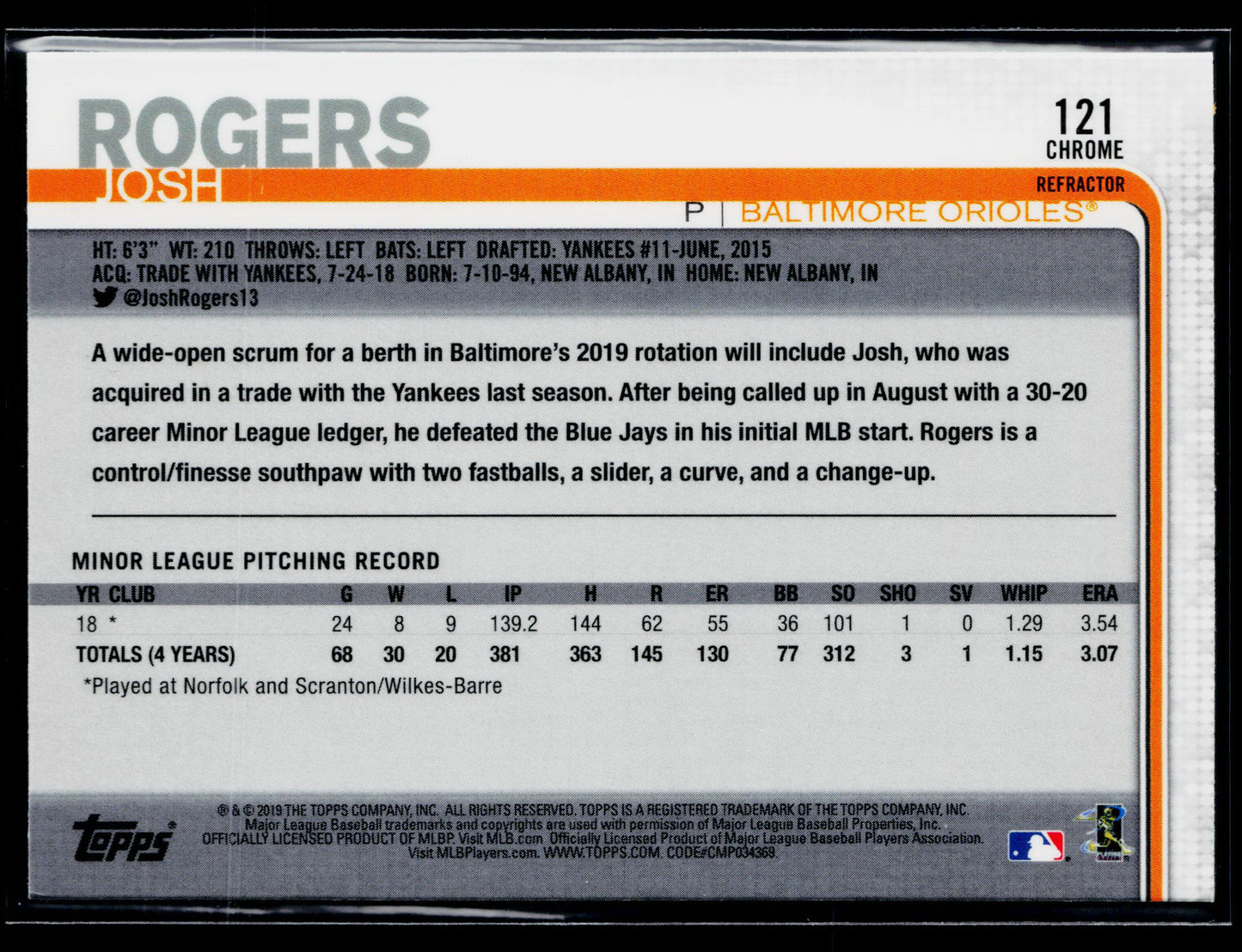 2019 Topps Chrome Josh Rogers Rookie Refractor #121