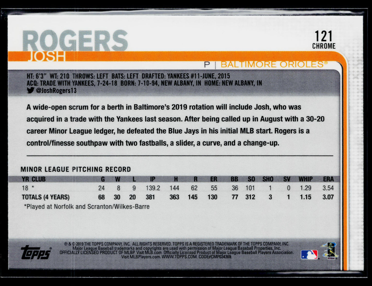 2019 Topps Chrome Josh Rogers Rookie Prism Refractor #121