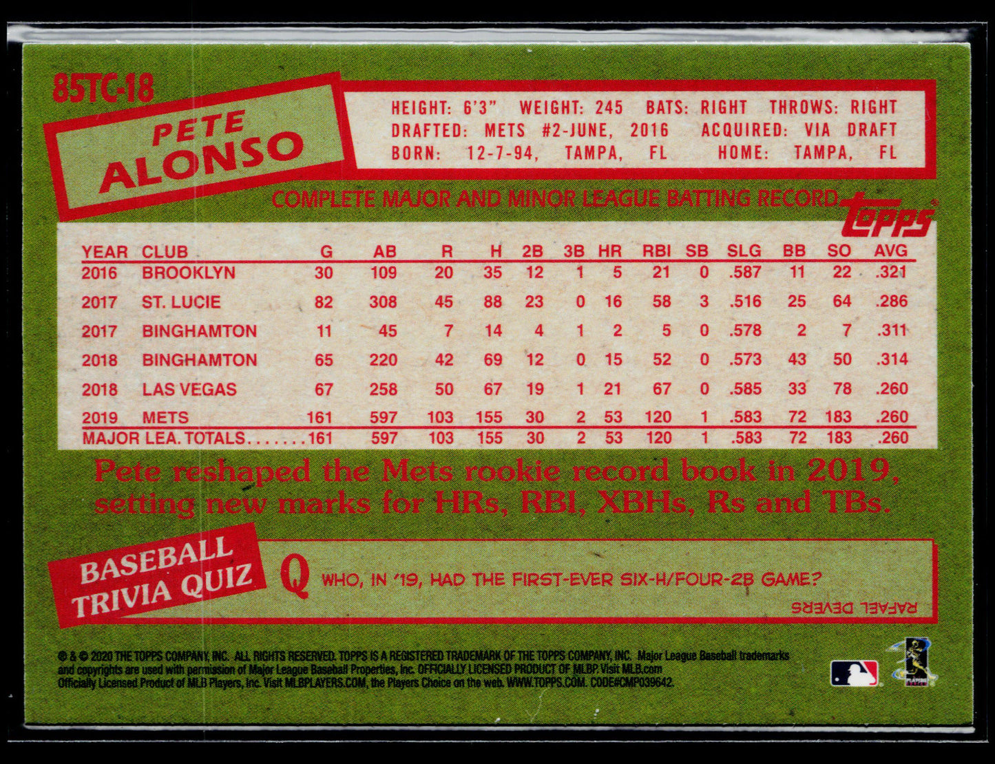 2020 Topps Chrome Pete Alonso 1985 Topps Baseball #85TC-18