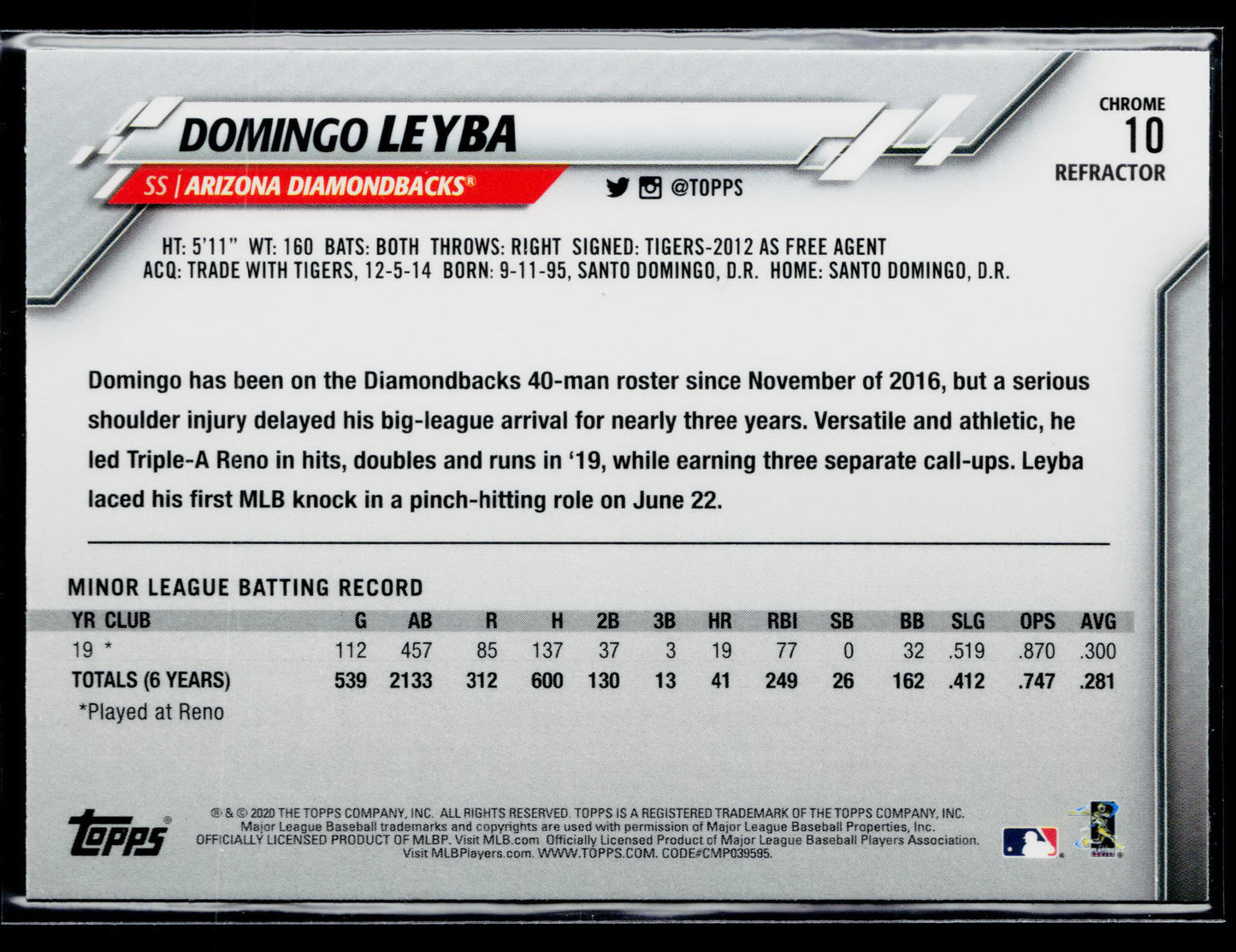 2020 Topps Chrome Domingo Leyba Rookie Sepia Refractor #10